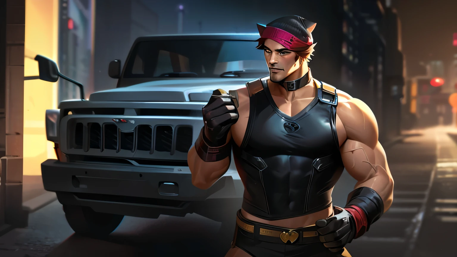 must see abs , open vestedsplash art league of legends style male sett heartsteel, muscular man leather vest with cur collar, red short hair with beanie and cat ears, street wear figerless leather gloves, main colors are black and yellow, alot of straps, holding on to the side of a jeep 