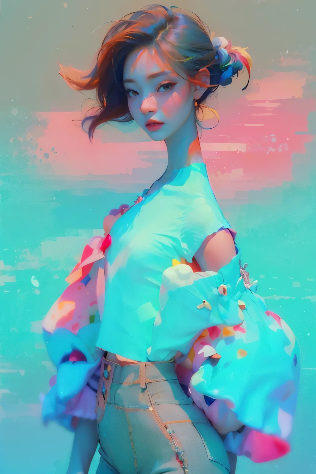 A beautiful Chinese woman who is gentle and charming., Half body photograph, Delicate and sexy collarbone, Charming oval face, Double eyelids, Bright peach eyes, pink lips, small nose, bare shoulders, focused face, face close up, Ultra high resolution, Awesome details, elegant standing posture, Short-sleeved shirt, square neck, slim fit, Korean style, puff sleeves., Pair it with a light colored high waisted jeans suit.