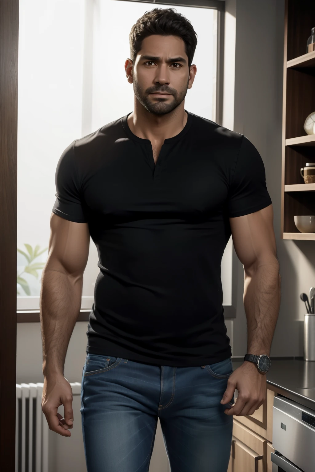 Realistic 8K image of a 33-year-old man, rubio, Fuerte, musculoso y nalgon, cabello corto, ojos verdes, Vestido con una camiseta blanca sin mangas y jeans negros, shy expression, de pie en la sala de estar de un apartamento sencillo, escena nocturna. Cuerpo completo jeans