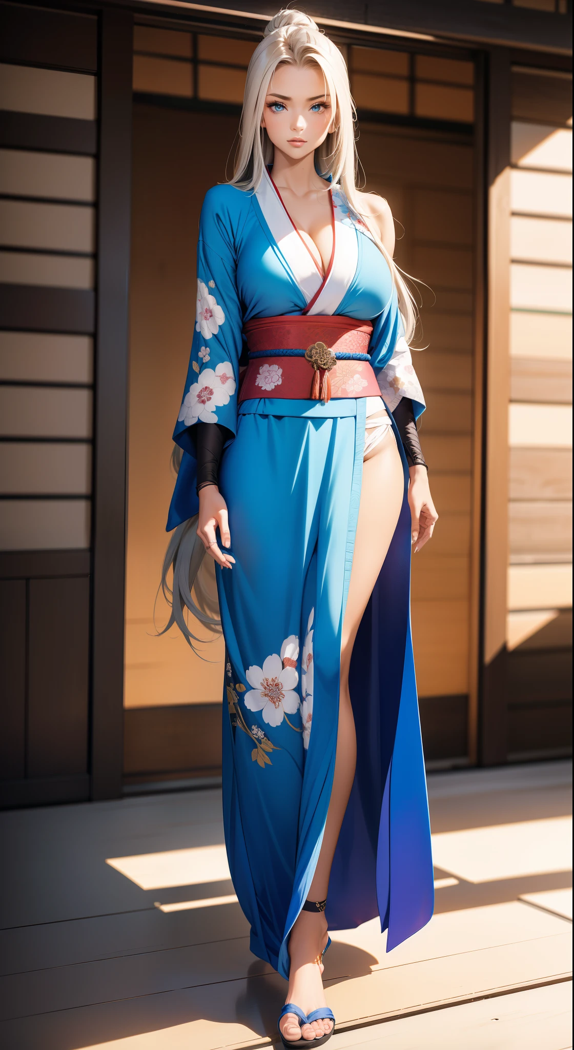 Beautiful sexy samurai, long blue hair, (( Flowing hair )), Beautiful Face, Beautiful, delicate body, Seductive body, Wearing a sexy and seductive open kimono, He uses a katana with a light blue blade. The image is of high quality, With every detail captured in extreme precision. The textures on the kimono and the intricate patterns are rendered with extreme precision. The lighting has been carefully designed to enhance the dramatic effect, With deep shadows and subtle highlights. Glue, The artwork exudes a sense of elegance and strength, Combines traditional Japanese aesthetics with a touch of modernity.