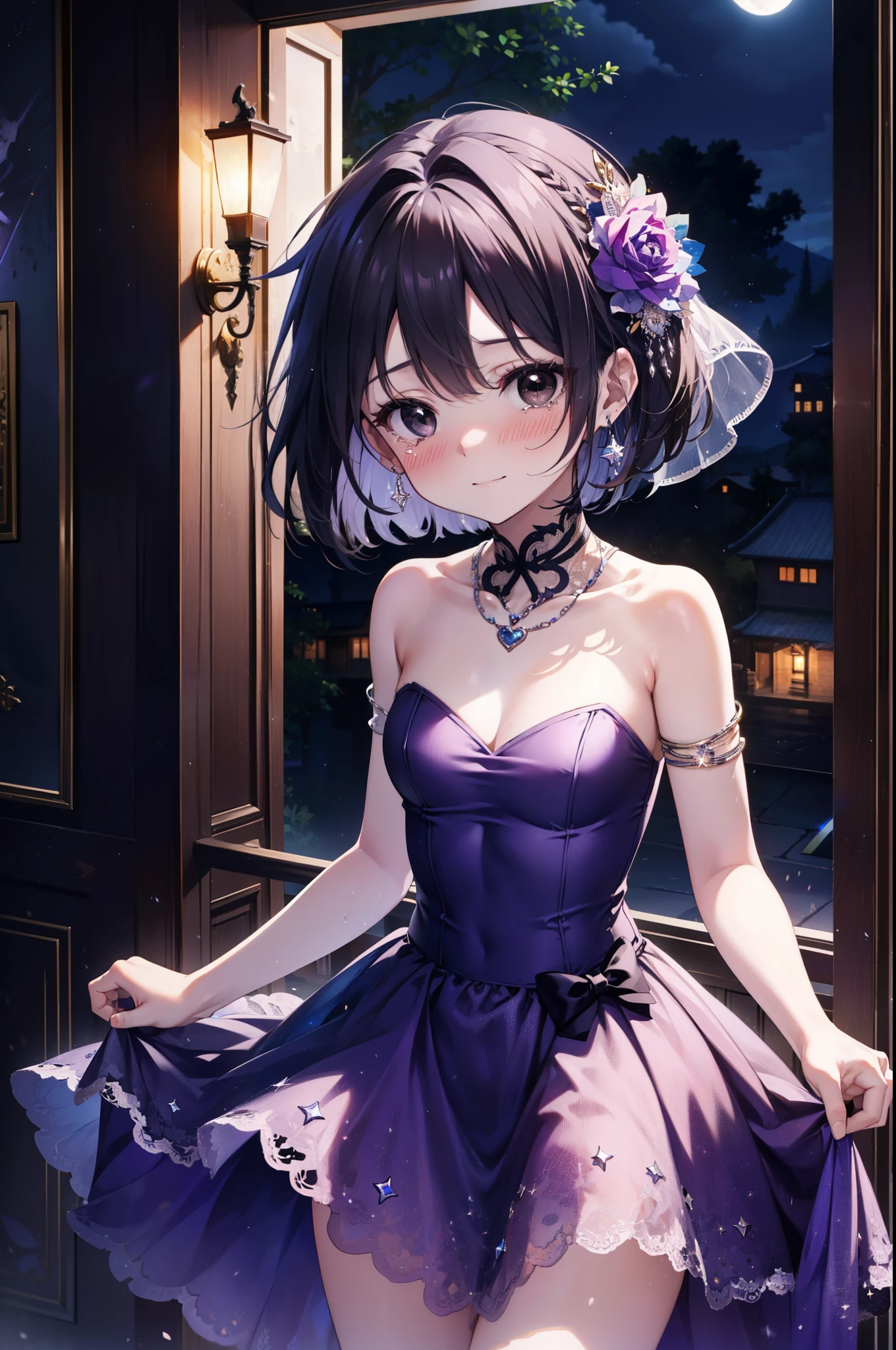 yuukikonno, Yuki Konno,Black Hair,short hair,Bob Hair ,Green headband,(Black eyes:1.5), (Small breasts:1.2), smile,Purple Dress,Purple long skirt,purple stiletto heels,No sleeve,Expose your shoulders,Bare arms,Bare neck,bare clavicle,Wearing a wedding ring on the left hand,Heart Necklace,Tears stream down her face,Tears of joy,I cry a lot,Romantic night view,moonlight,
break outdoors, hill,
break looking at viewer, (Cowboy Shot:1.5),
break (masterpiece:1.2), highest quality, High resolution, unity 8k wallpaper, (shape:0.8), (Beautiful details:1.6), Highly detailed face, Perfect lighting, Highly detailed CG, (Perfect hands, Perfect Anatomy),