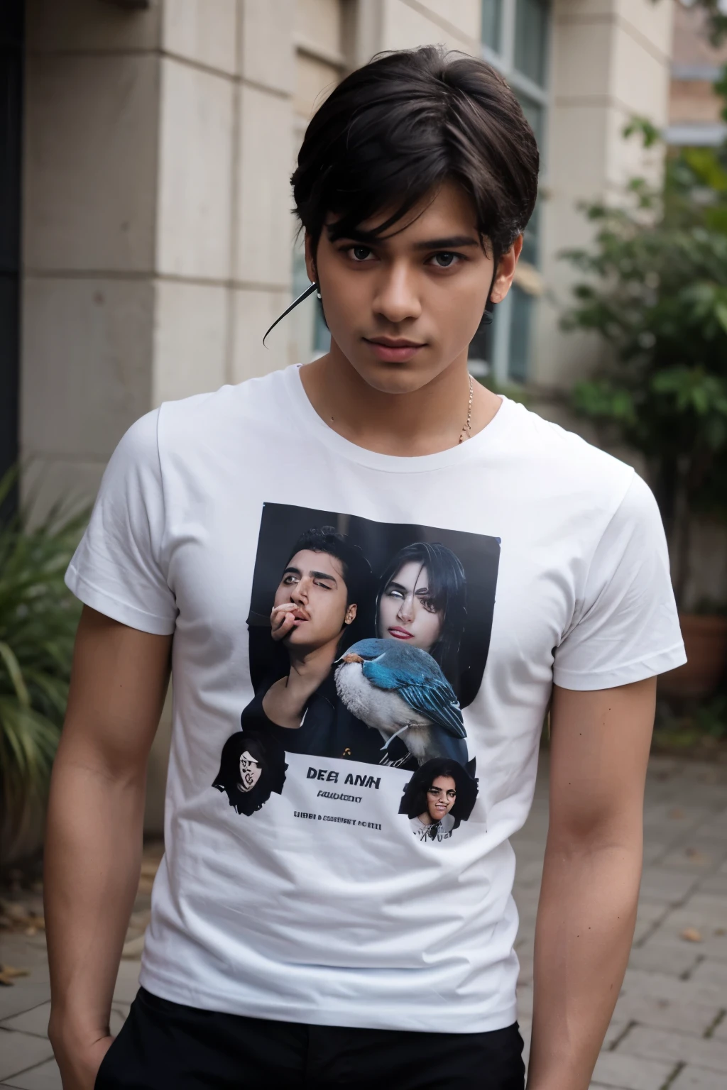 create a 3d illustration for a young handsome man 25years old wearing white t-shirt and RAJ D name printed on his t-shirt with blue eyes and black hairs and also having a hear bird on his ear standing postition , name RAJ PRINTED ON HIS T SHIRT