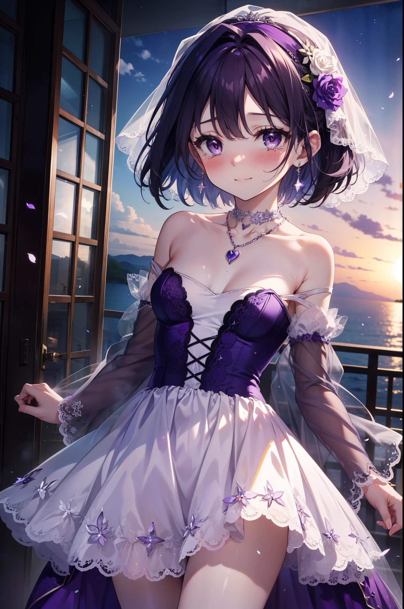 yuukikonno, Yuki Konno,Black Hair,short hair,Bob Hair ,Green headband,(Purple eyes:1.5), (Small breasts:1.2), smile,Purple Dress,Purple long skirt,purple stiletto heels,No sleeve,Expose your shoulders,Bare arms,Bare neck,bare clavicle,Wearing a wedding ring on the left hand,Heart Necklace,Tears stream down her face,Tears of joy,I cry a lot,Romantic night view,moonlight,
break outdoors, hill,
break looking at viewer, (Cowboy Shot:1.5),
break (masterpiece:1.2), highest quality, High resolution, unity 8k wallpaper, (shape:0.8), (Beautiful details:1.6), Highly detailed face, Perfect lighting, Highly detailed CG, (Perfect hands, Perfect Anatomy),
