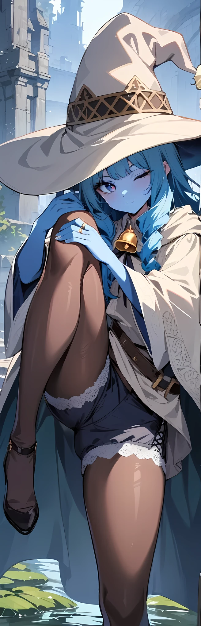 masterpiece, best quality, very aesthetic, absurdres, newest, 1girl, solo,standing_split,female lace boxer shorts,pantyhose, ,ranni_the_witch, elden_ring,bell, blue_eyes, blue_hair, blue_skin, cloak, colored_skin, doll_joints, extra_arms, extra_faces, fur_cloak, grey_cloak, hat, holding, holding_bell, index_finger_raised, jewelry, joints, medium_hair, neck_ribbon, one_eye_closed, own_hands_together, ribbon, ring, robe,wavy_hair, white_hat, white_nails, white_robe, wide_sleeves, witch_hat,on bridge,over a river