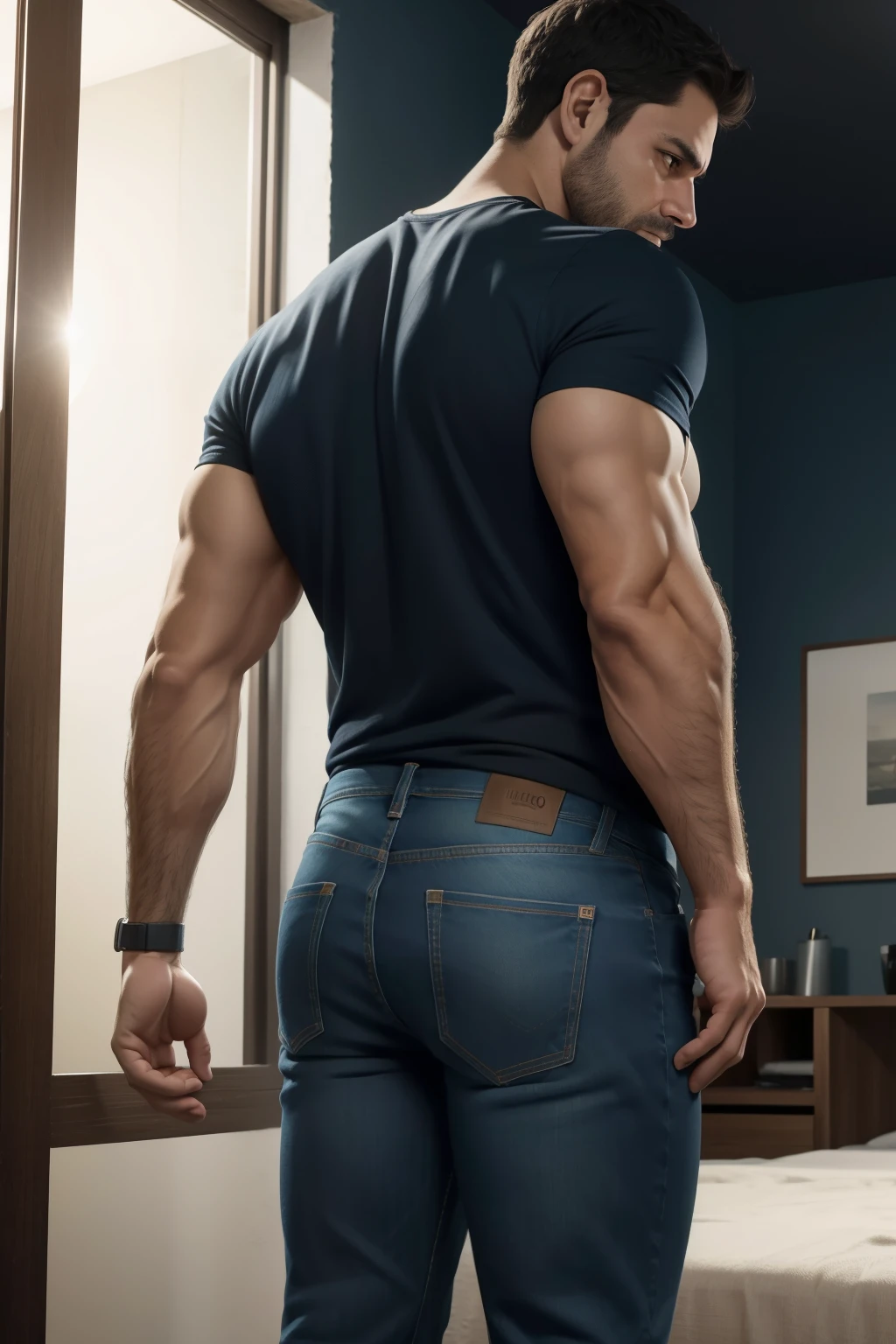 Realistic 8K image of a 33-year-old man, rubio, Fuerte, musculoso y nalgon, cabello corto, ojos verdes, Vestido con una camiseta blanca sin mangas y jeans negros, shy expression, de pie en la sala de estar de un apartamento sencillo, escena nocturna. Cuerpo completo jeans, backside