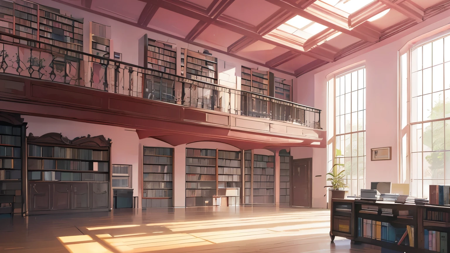 Huge windows letting in the morning sunlight, (A high-ceilinged open-ceiling space reminiscent of a library:1.2), Wooden desk, Bookshelf, Record deck and speakers, Video streaming equipment and microphones, A room full of plants, Pink Wall, (Composition seen from the front:1.2), (masterpiece), (Best Quality, 8K, High resolution), Ultra-detailed