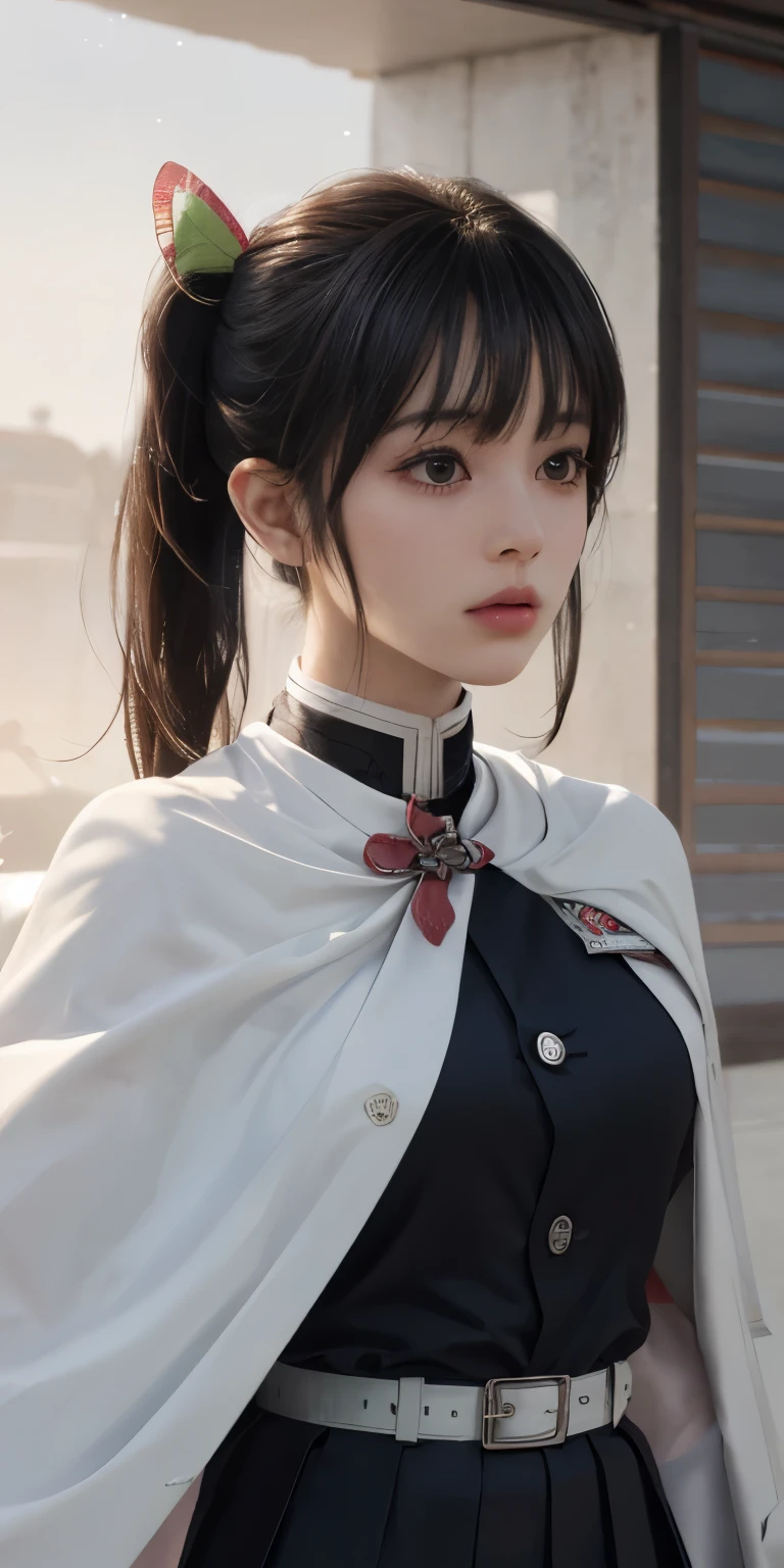(RAW Photos, highest quality), (Realistic, Photorealistic Truth: 1.3), highest quality, Very detailed, masterpiece, Ultra-detailed, figure, One girl, kanao tsuyuri, ((Bangs Patsun,Side ponytail)),(( Demon Slayer uniform:1.4)), Butterfly Hair Ornament,( white belt), ( White Cape),, (Black jacket), (Pleated skirt), belt, (Black Skirt), knees, buckle, belt buckle, upper_body, Dynamic Angle, World Mastery Theatre, long hair flying, Fluorescent Centred, highest quality, Highly detailed CG integrated 8K wallpaper, ink, wonderful, Cinema Lighting, lens_Flare, wuxia_style,(((Straight Bangs:1.4))),(blunt bangs:1.4), Natural makeup,Combat Ready, Giant tit，Various poses,A broad perspective,