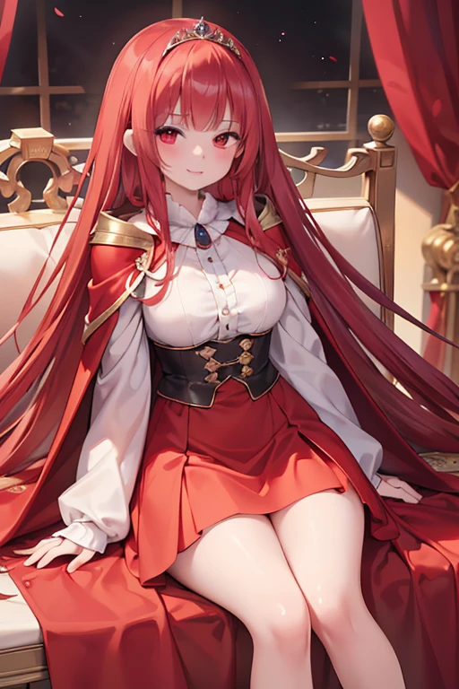 masterpiece, highest quality, Very detailed, 16k, Ultra-high resolution, Perfect Fingers, Detailed face, 14-year-old girl, Red eyes, Red hair, Long Hair, Smile, Crimson classic dress, Luxurious clothes, shawl, Cape, Super long skirt, A gorgeous tiara on her head, royal palace, Sitting on the throne