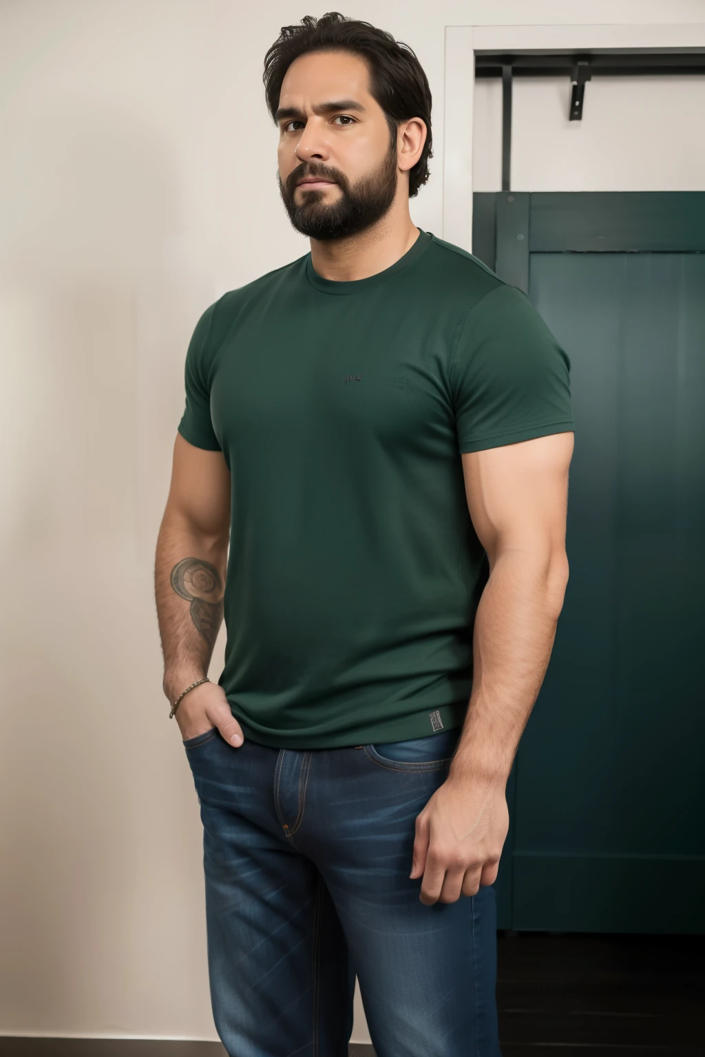 Realistic 8K image of a 33-year-old man, rubio,(( Fuerte, musculoso y nalgon)), cabello corto, ojos verdes, Vestido con una camiseta blanca sin mangas y jeans negros, shy expression, de pie en la sala de estar de un apartamento sencillo, escena nocturna. Cuerpo completo jeans