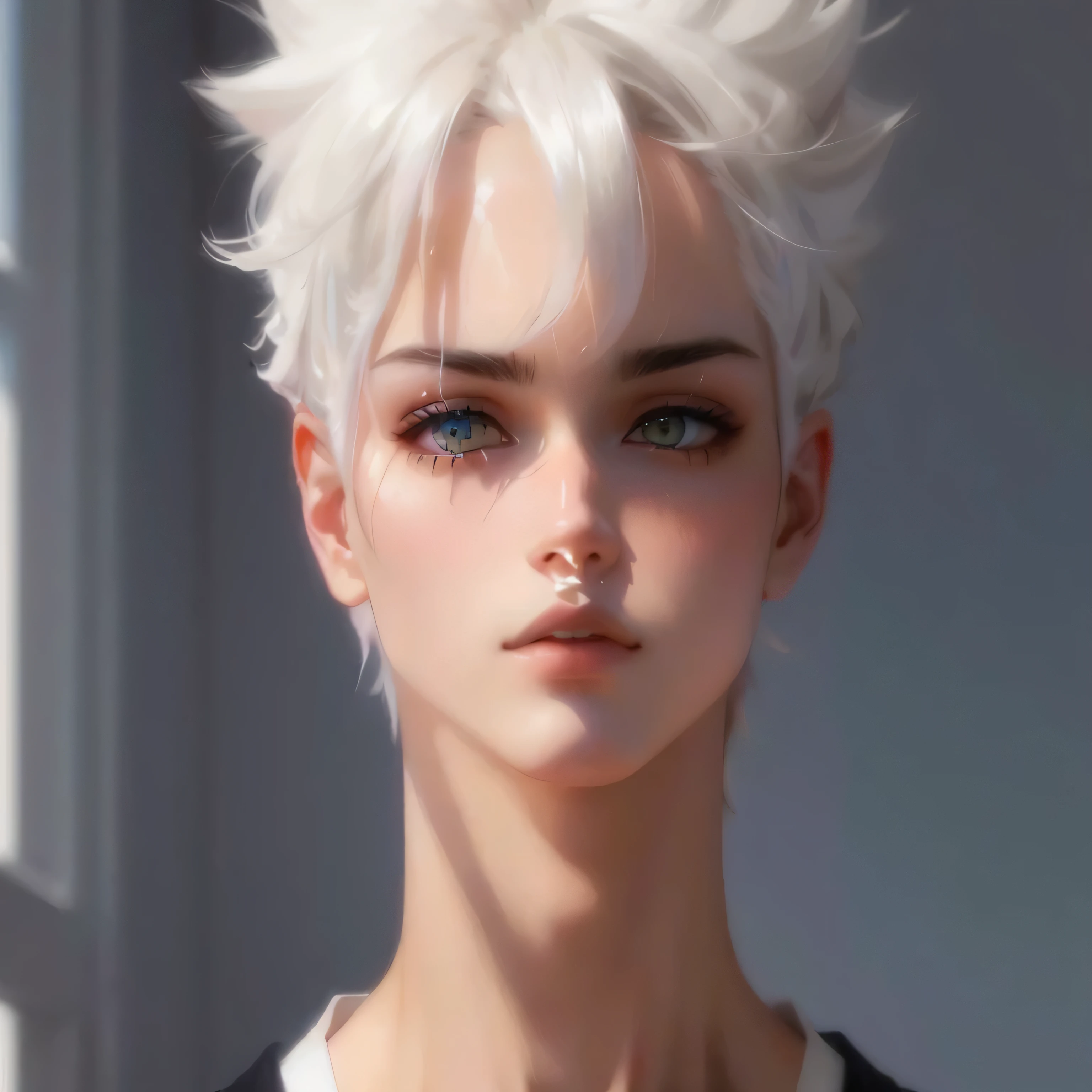 cuerpo completo de una persona con cabello blanco y camisa negra, pantalones azules realismo animado style, anime hiperrealista, hecho con estudio de pintor anime, estilo de arte anime realista, realistic anime art style, realismo animado, estilo anime realista 3d, cara de anime realista, anime semi realista, anime semirealista, impresionante retrato de cara de anime, inspirado en Yanjun Cheng, pelo blanco. oreas de gato y piel palida.