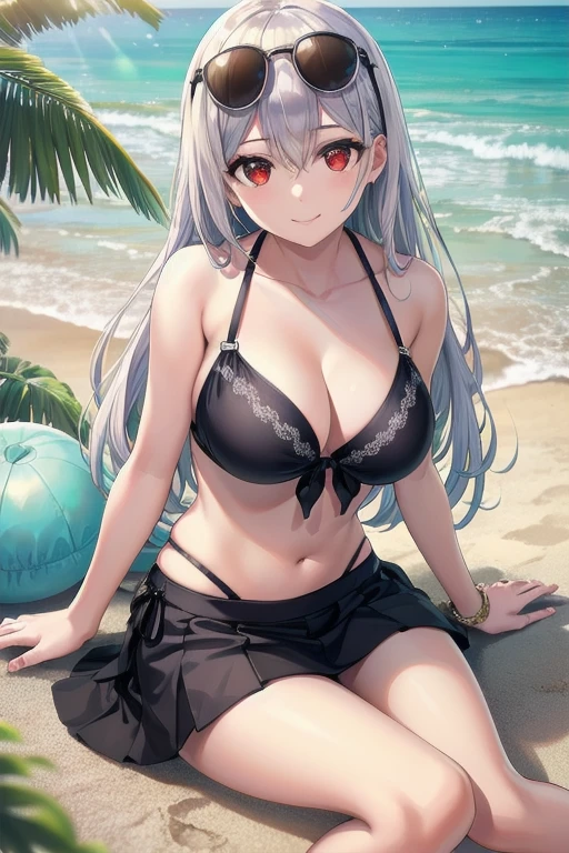 A beautiful girl with silver hair, long hair, and a cute smile, wearing a bikini and skirt, sitting on the sand, looking at the viewer, with sunglasses on her head, (best quality, 4k, 8k, highres, masterpiece:1.2), ultra-detailed,(realistic, photorealistic, photo-realistic:1.37), torino style, red eyes, hair between eyes