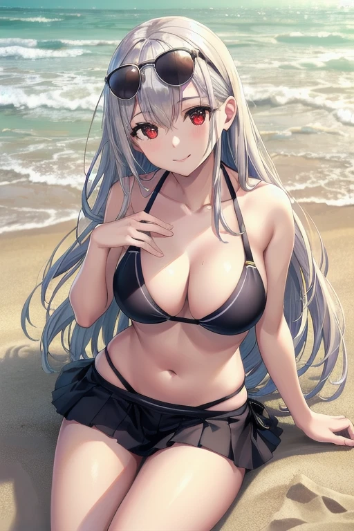 A beautiful girl with silver hair, long hair, and a cute smile, wearing a bikini and skirt, sitting on the sand, looking at the viewer, with sunglasses on her head, (best quality, 4k, 8k, highres, masterpiece:1.2), ultra-detailed,(realistic, photorealistic, photo-realistic:1.37), torino style, red eyes, hair between eyes