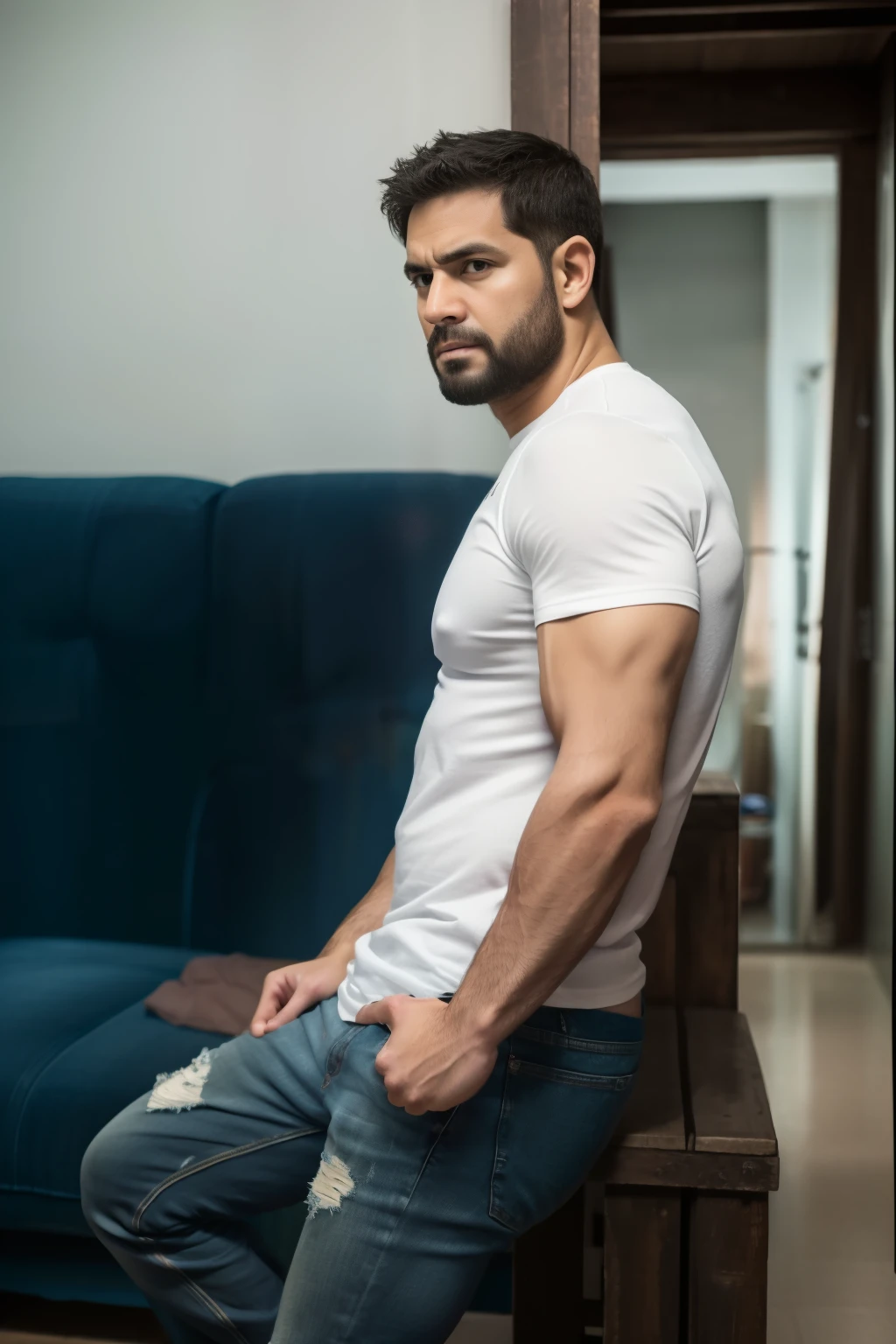 Realistic 8K image of a 33-year-old man, rubio,(( Fuerte, musculoso y nalgon)), cabello corto, ojos verdes, Vestido con una camiseta blanca sin mangas y jeans negros, shy expression, de pie en la sala de estar de un apartamento sencillo, escena nocturna. Big muscles body, Big butt, Cuerpo completo jeans