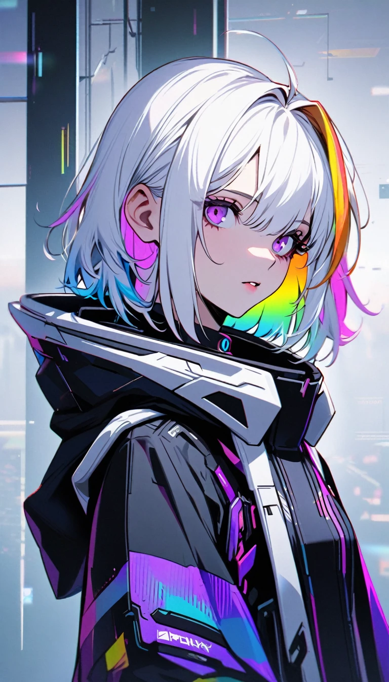 Handsome, Solitary, 1 female, Medium Length Hair, white hair, Rainbow hair, Purple Eyes, Black and white hood, Futuristic, Cyberpunk, Cybernetics