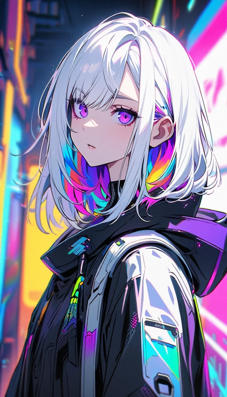 Handsome, Solitary, 1 female, Medium Length Hair, white hair, Rainbow hair, Purple Eyes, Black and white hood, Futuristic, Cyberpunk, Cybernetics