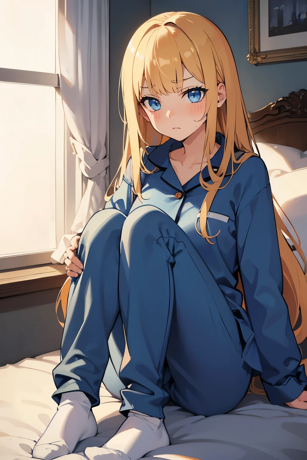 Safe for work, masterpiece, best quality, solo, 1 girl, looking at camera, (young female body:1.4), ( medium small breasts), golden yellow hair, extra long hair, blunt bangs, crystal blue eyes, very detailed eyes, bedroom, sitting on bed, night time, knee high socks, dark blue pyjamas, button up pyjama, long sleeves, short pyjama pants, blue pants, shy girl, one knee up, sitting with knees bending