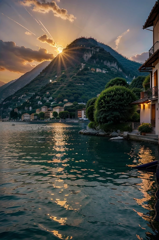 Generate an image of a serene sunset over Lake Como with a romantic glow.