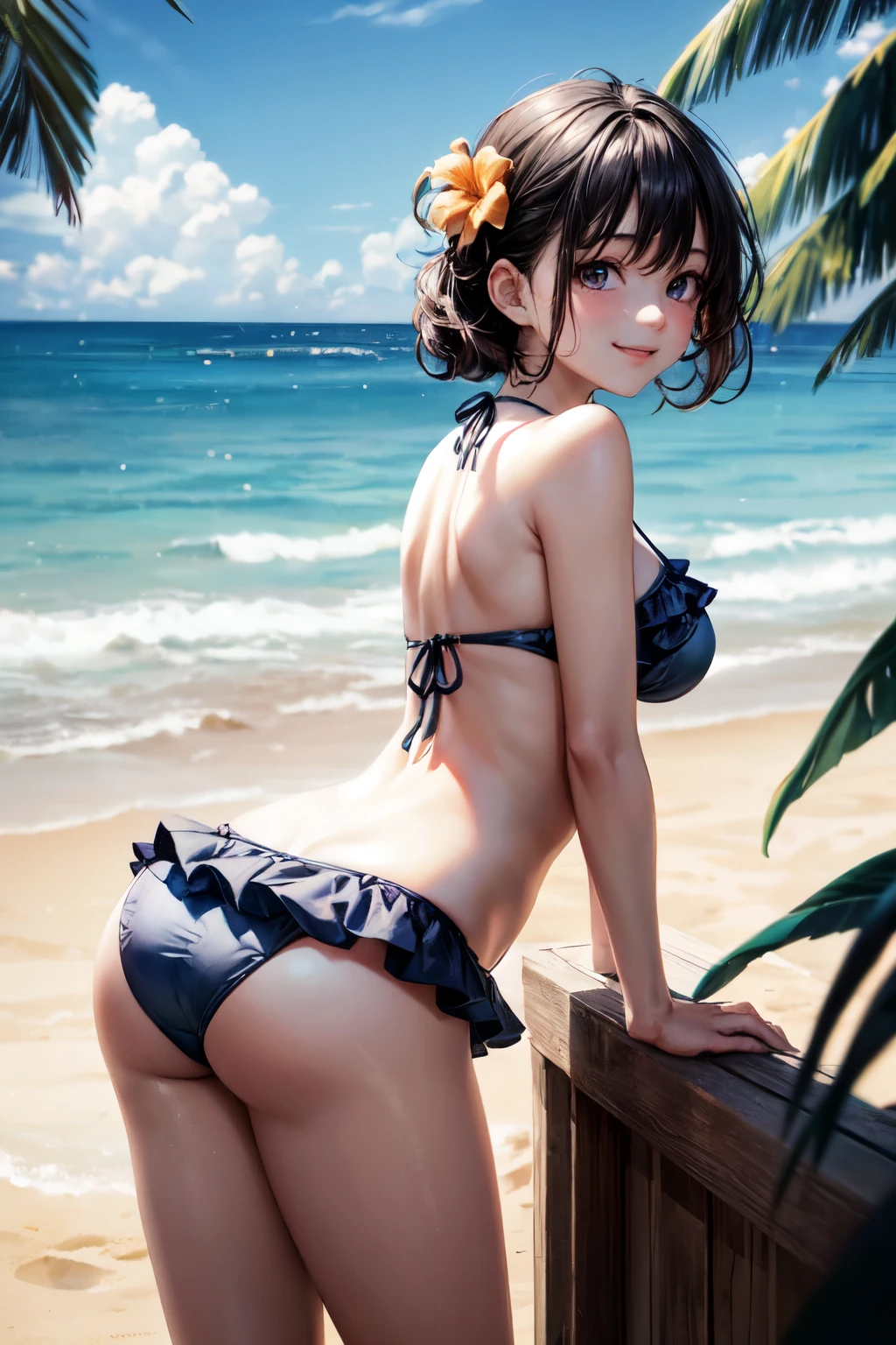 very cute and beautiful girl,(highly detailed beautiful face and eyes),floral frilled blue and white bikini,
standing,(looking back,from behind),(leaning forward),looking at viewer,beach,tropical resort hotel,(smile),black hair,
(best quality,masterpiece),absurdres,highres,ultra-detailed,extremely detailed,32k,
cinematic scene,detailed background,solo,dynamic angle, hair fluttering in the wind,beautiful detailed sky,perfect hands,