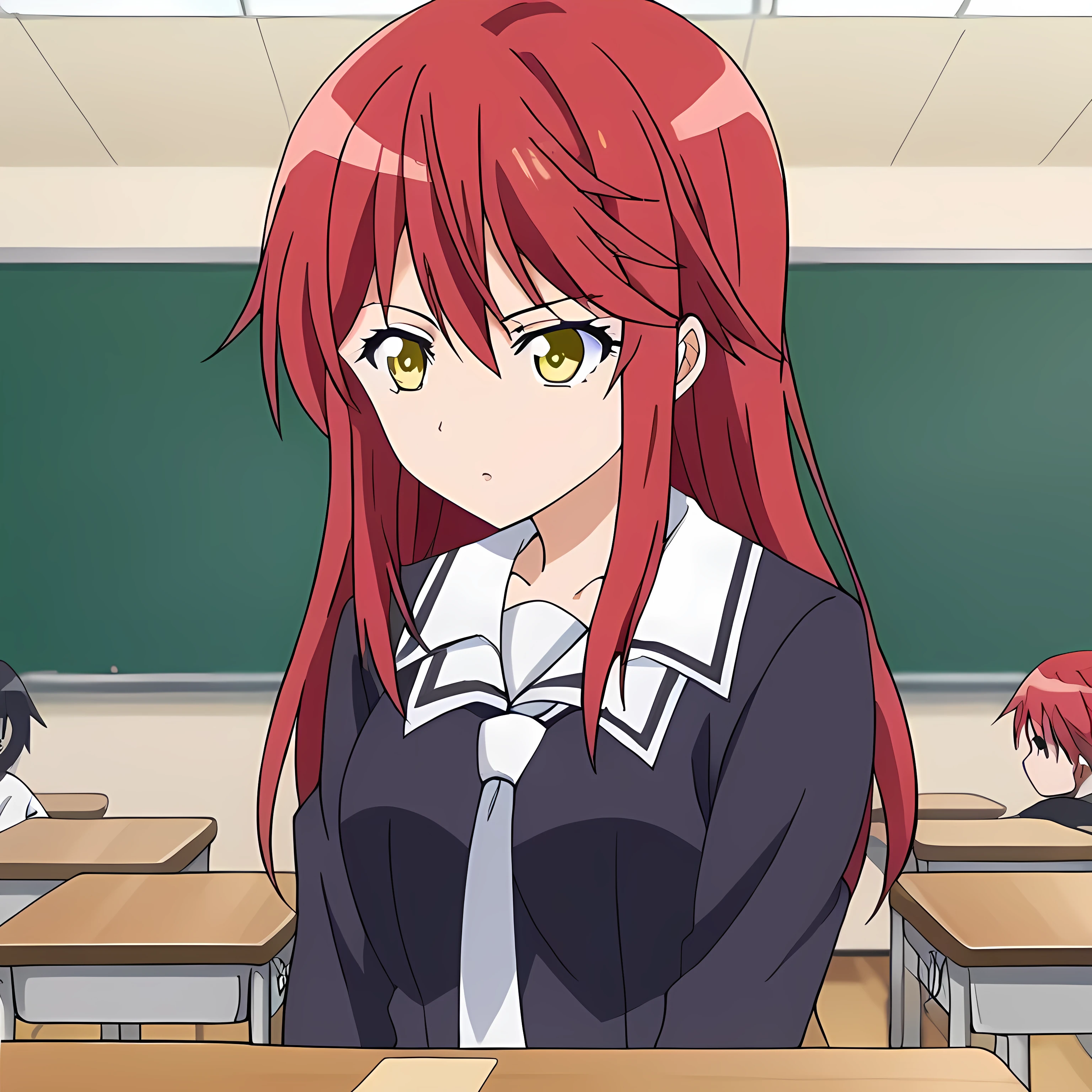  source_anime, long hair, yellow eyes, red hair,
indoors, classroom,
solo icon 