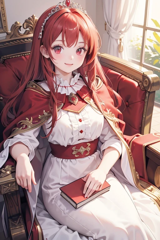 masterpiece, highest quality, Very detailed, 16k, Ultra-high resolution, Perfect Fingers, Detailed face, -yeld gi Red eyes, Red hair, Smile, Crimson classic dress, Gorgeous dress, shawl, Cape, Gorgeous skirt, Drawers, A gorgeous tiara on her head, royal palace, Sitting on the throne