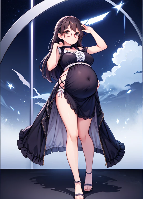 (Full body, glasses), An image of a pregnant girl wearing idol clothes that let her belly on full exposure