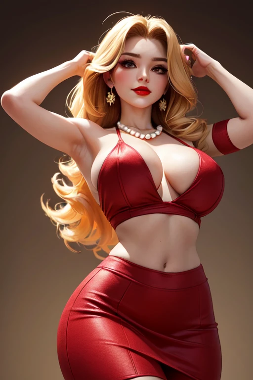 (ultra realistic,32k,RAW photo:1.1),(high detailed skin:1.1), 8k uhd, dslr, high quality, film grain, (makeup, mascara:1.1), lips,(thick\lips\),
united top and skirt , skir below the navel, (nevel ) big boob5, sadness expressions, looking at viewer, cheerful, golden pointed earrings, pearl necklace, off the shoulder,armpits, hands on own head, (masterpiece), (2D anime style), 8k, (high resolution), sola, (red0 dress with details), cheerful, 1 beautiful woman, long blonde hair, semi curly hair, brown black eyes, light skin, small red lips, (perfect anatomy), (perfect figure), madam president, blond hair, long twice hair, sexy eye, brown eye, red lip, from below