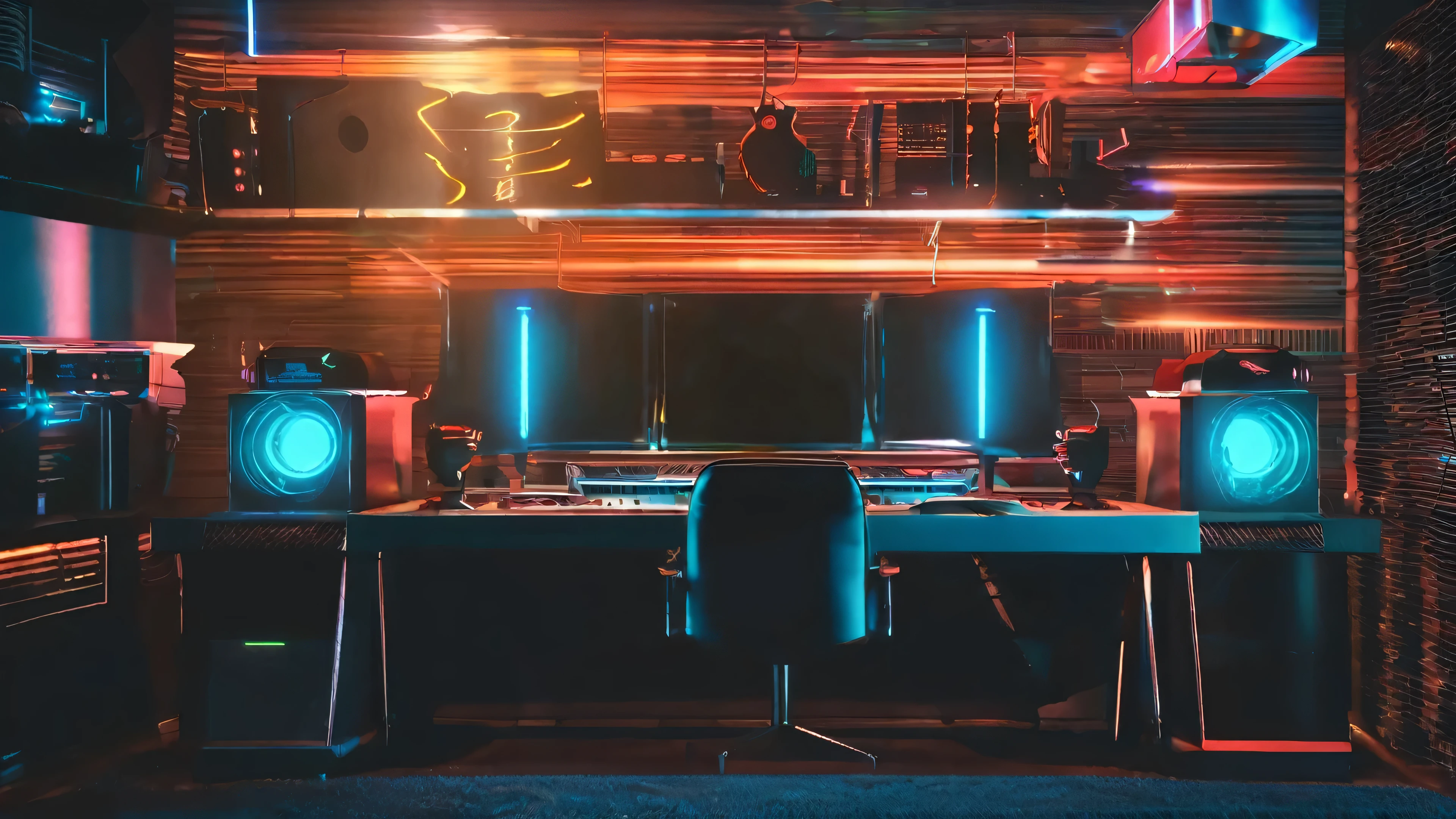 Modern dark closeup gamer room background with neons and computers