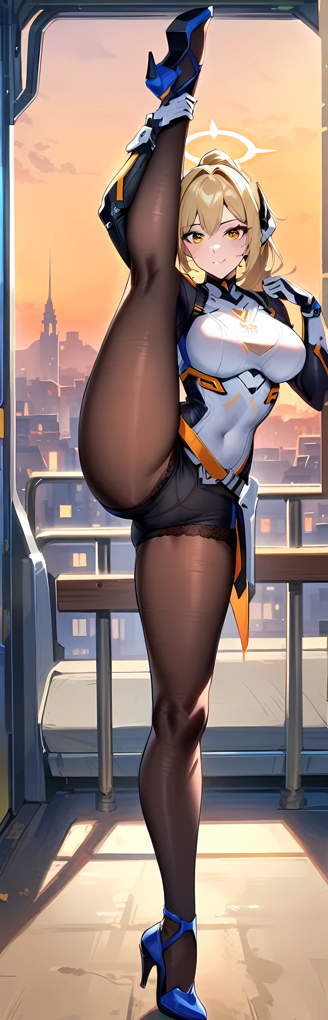 masterpiece, best quality, very aesthetic, absurdres, newest, 1girl, solo,standing_split,female lace boxer shorts,pantyhose, ,mercy(overwatch),1girl, armor,blonde_hair, bodysuit, boobplate, breastplate, breasts,faulds, gloves, gorget, halo, headgear, large_breasts, mechanical_halo, mechanical_wings, nose, pelvic_curtain, ponytail,on a bench in a train,the sun set, city landscape over the window,