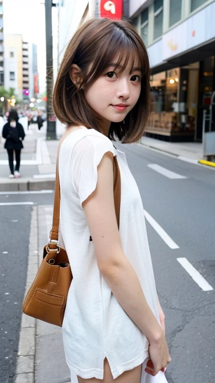 Best quality, detailed, kawaii, upper body, cute, short, brown hair, high quality, young, Japanese, modern girl, street, urban, skinny, pov, casual, pretty,