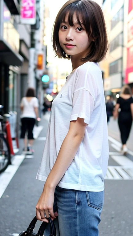 Best quality, detailed, kawaii, upper body, cute, short, brown hair, high quality, young, Japanese, modern girl, street, urban, skinny, pov, casual, pretty,
