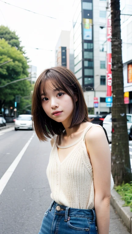 Best quality, detailed, kawaii, upper body, cute, short, brown hair, high quality, young, Japanese, modern girl, street, urban, skinny, pov, casual, pretty,