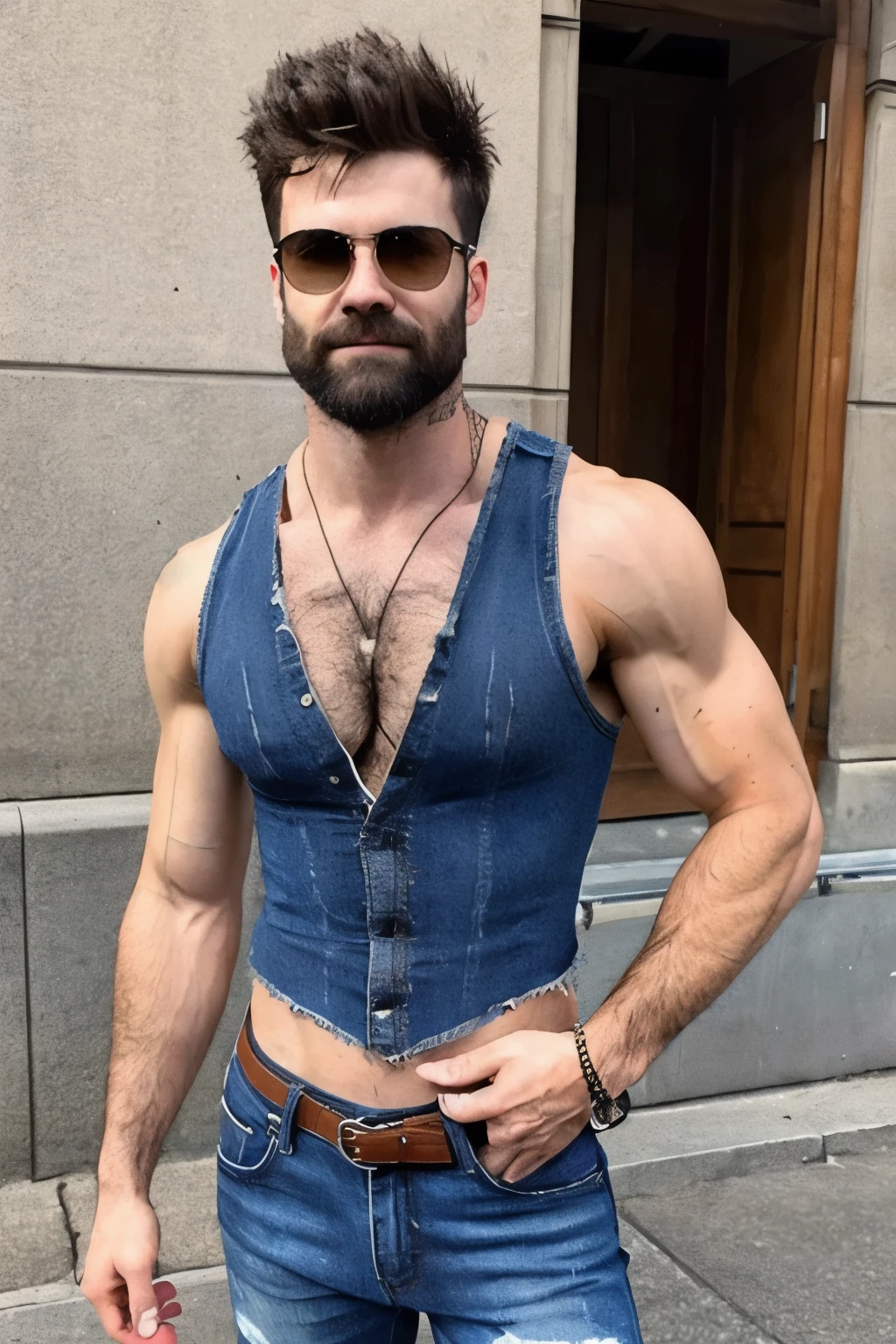 zeke_jaeger, full body, tank top, street, hairy chest, ultra realistic,  hairy arms,  sweat, tattoos, jeans