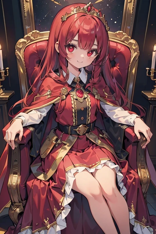 masterpiece, highest quality, Very detailed, 16k, Ultra-high resolution, Perfect Fingers, Detailed face, 14-year-old girl, Red eyes, Red hair, Smile, Crimson classic dress, Gorgeous dress, shawl, Cape, Gorgeous skirt, Drawers, A gorgeous tiara on her head, royal palace, Sitting on the throne