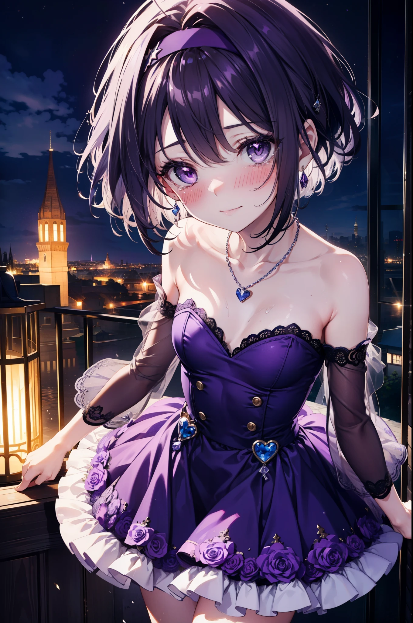 yuukikonno, Yuki Konno,Black Hair,short hair,Bob Hair ,Green headband,(Purple eyes:1.5), (Small breasts:1.2), smile,Purple Dress,Purple long skirt,purple stiletto heels,No sleeve,Expose your shoulders,Bare arms,Bare neck,bare clavicle,Wearing a wedding ring on the left hand,Heart Necklace,Tears stream down her face,Tears of joy,I cry a lot,Romantic night view,moonlight,
break outdoors, hill,
break looking at viewer, (Cowboy Shot:1.5),
break (masterpiece:1.2), highest quality, High resolution, unity 8k wallpaper, (shape:0.8), (Beautiful details:1.6), Highly detailed face, Perfect lighting, Highly detailed CG, (Perfect hands, Perfect Anatomy),