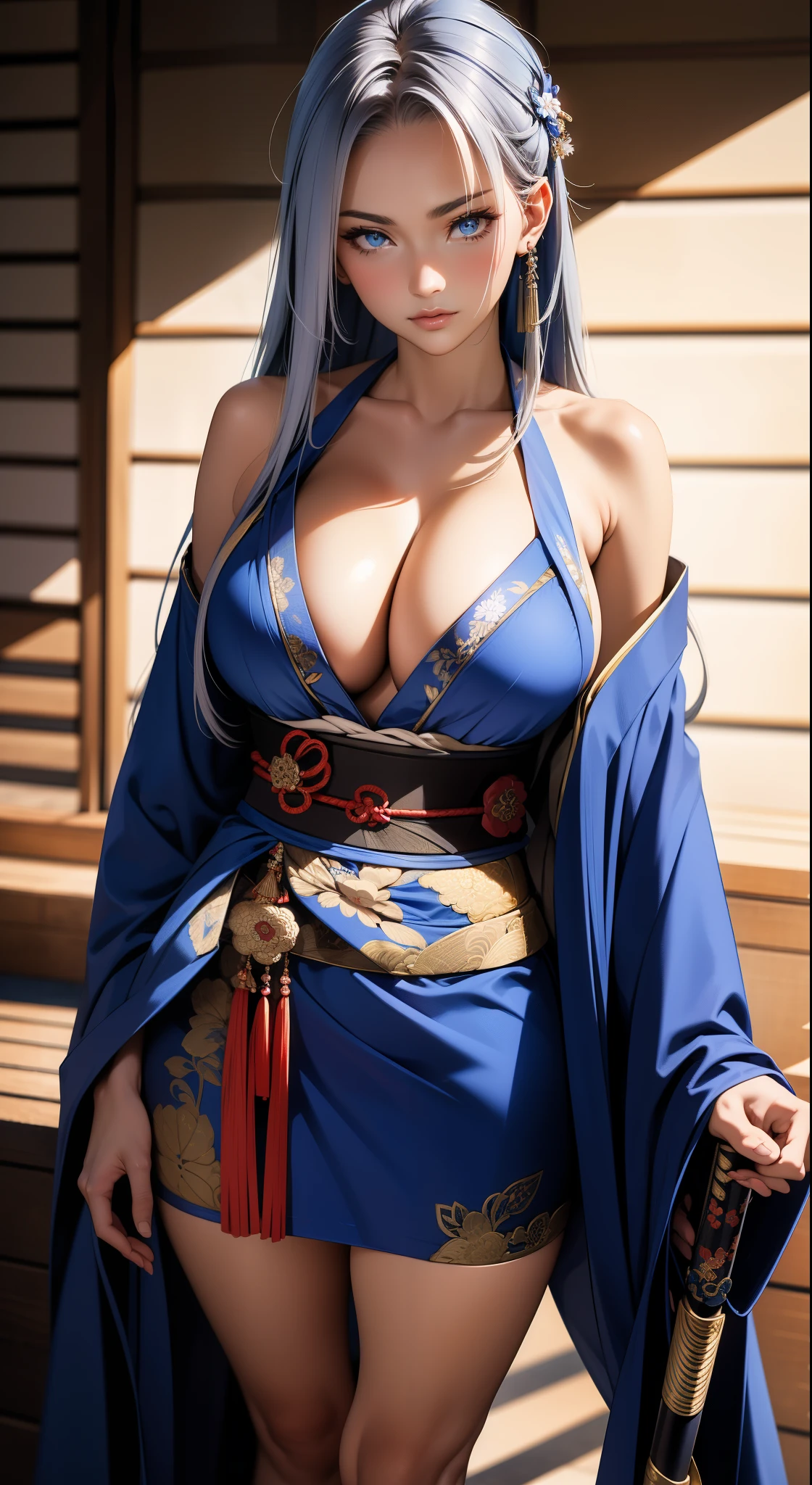 Beautiful sexy samurai, long blue hair, (( Flowing hair )), Beautiful Face, Beautiful, delicate body, Seductive body, Wearing a sexy and seductive open kimono, He uses a katana with a light blue blade. The image is of high quality, With every detail captured in extreme precision. The textures on the kimono and the intricate patterns are rendered with extreme precision. The lighting has been carefully designed to enhance the dramatic effect, With deep shadows and subtle highlights. Glue, The artwork exudes a sense of elegance and strength, Combines traditional Japanese aesthetics with a touch of modernity.