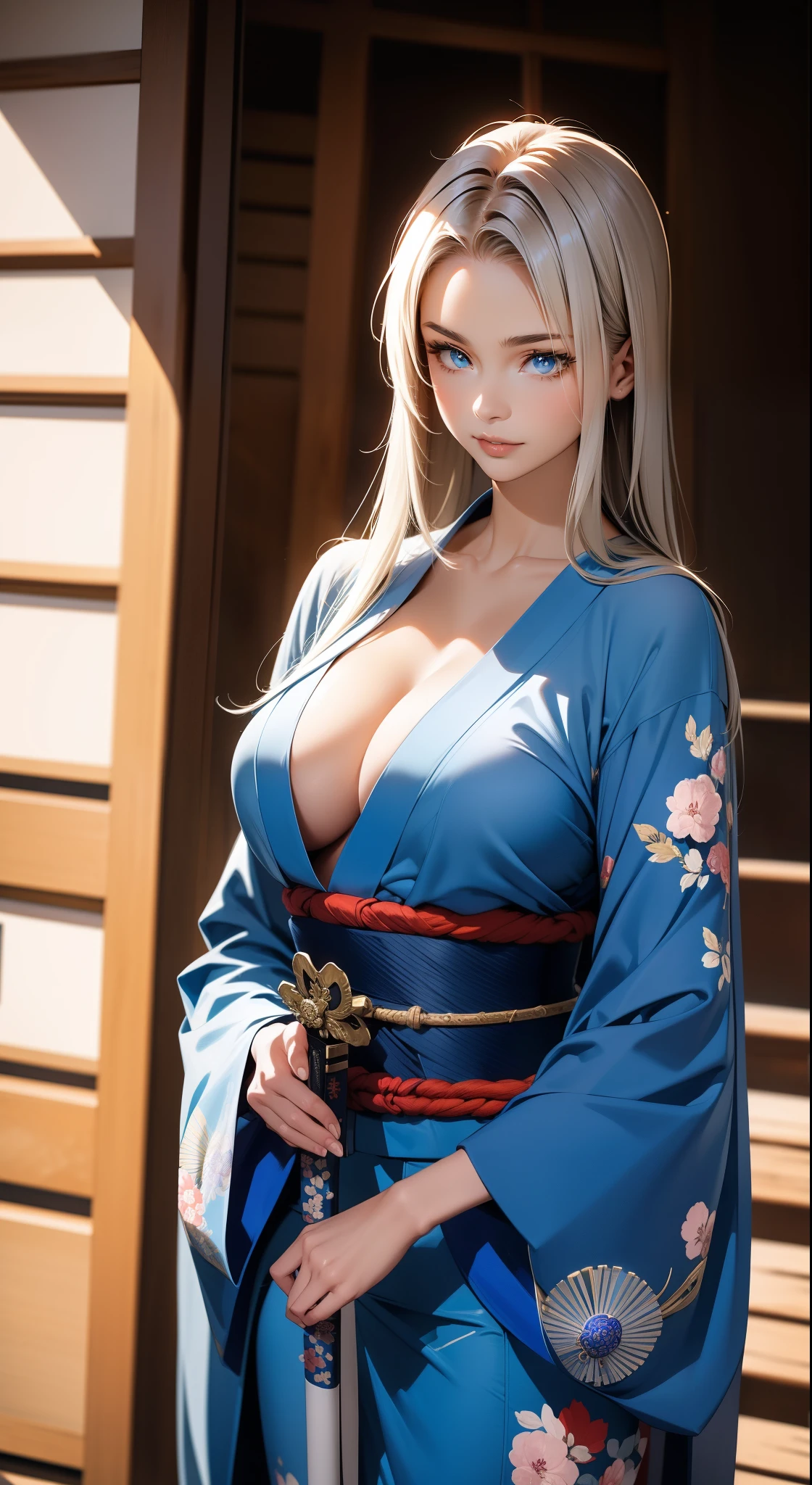Beautiful sexy samurai, long blue hair, (( Flowing hair )), Beautiful Face, Beautiful, delicate body, Seductive body, Wearing a sexy and seductive open kimono, He uses a katana with a light blue blade. The image is of high quality, With every detail captured in extreme precision. The textures on the kimono and the intricate patterns are rendered with extreme precision. The lighting has been carefully designed to enhance the dramatic effect, With deep shadows and subtle highlights. Glue, The artwork exudes a sense of elegance and strength, Combines traditional Japanese aesthetics with a touch of modernity.