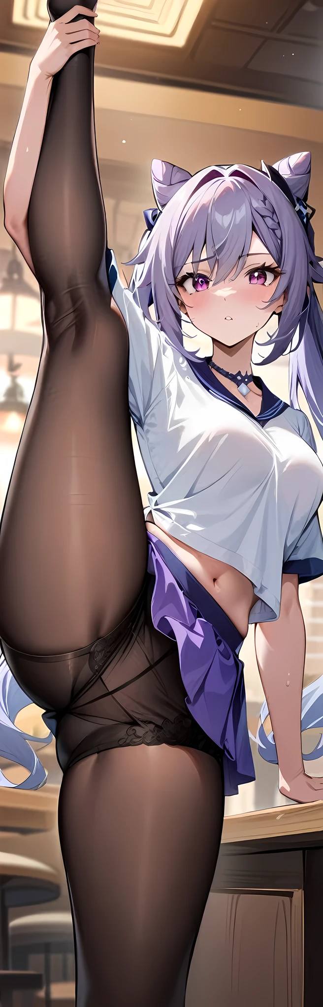 masterpiece, best quality, very aesthetic, absurdres, newest, 1girl, solo,standing_split,female lace boxer shorts,pantyhose, ,keqing,keqing(genshin impact), purple hair,purple eyes,lozenge pupil,diamond eyerings,twintails,medium breasts,bun,bang,in a restaurant