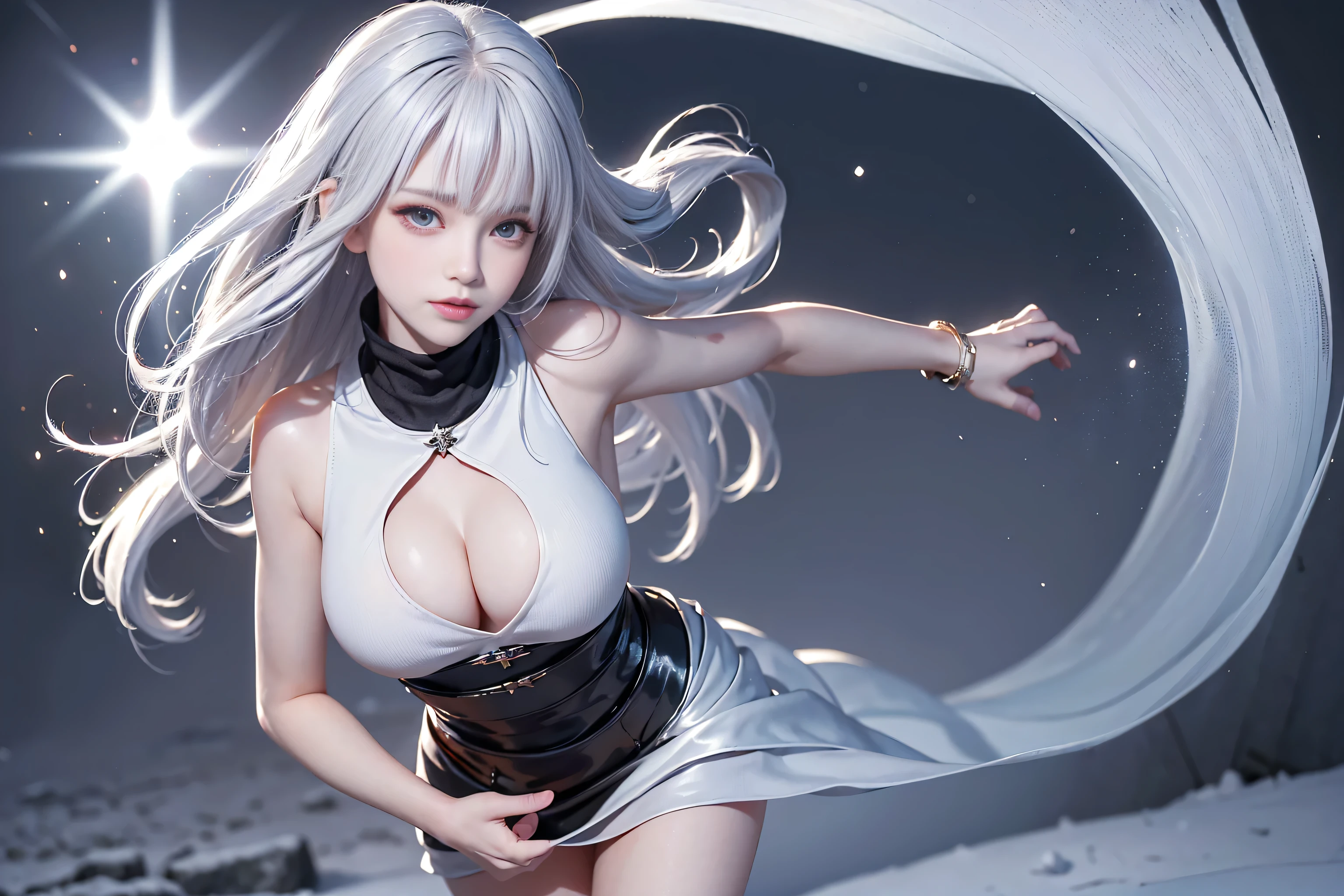 (From the waist up:1.5)((masterpiece:1.5、8k、Portraiture、Photorealistic and highly detailed、Particle Effects、Dynamic Effects、Written boundary depth、Cinematic Light、Lens flare、Ray Tracing、Tabletop、Realistic:1.4、超A high resolution:1.2、Realistic、Realistic))((alone、Turtleneck dress,No sleeve、Woman in a black fur coat:1.4、、Detailed face、brightexpression、young, bright, Whiter skin、medium beautiful breasts、Best Looks、Ultimate beauty、White hair with shiny highlights:1.8、bright and shiny hair,、Arranged Hair、Hair dancing in the wind))(morning、In the background is a snowy hill overlooking the ruins...)sideboob
