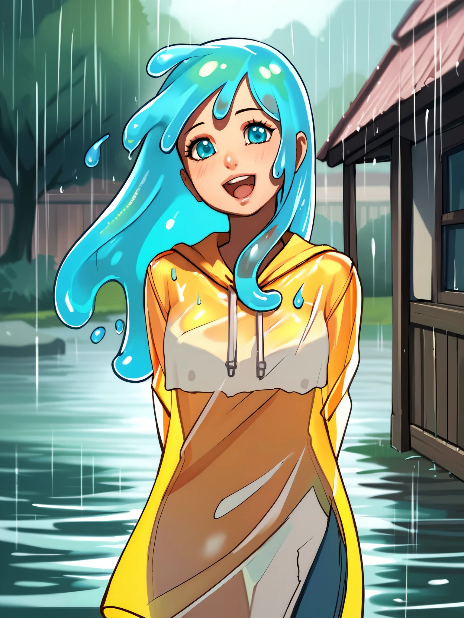 score_9, score_8_up, score_7_up, score_6_up, score_5_up, score_4_up, source_anime, slime girl, purple and cyan gradient skin, translucent yellow (raincoat:1.1), hands behind back, tilted forward, playful, happy, wet, outside, rural town, heavy rain, (raining:1.1), wind, cowboy shot, humanoid, solo, detailed, beautiful
