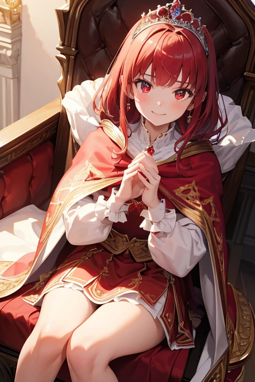 masterpiece, highest quality, Very detailed, 16k, Ultra-high resolution, Perfect Fingers, Detailed face, 14-year-old girl, princess, Red eyes, Red hair, Smile, Crimson classic dress, Gorgeous dress, shawl, Cape, Gorgeous skirt, Drawers, A gorgeous tiara on her head, royal palace, Sitting on the throne