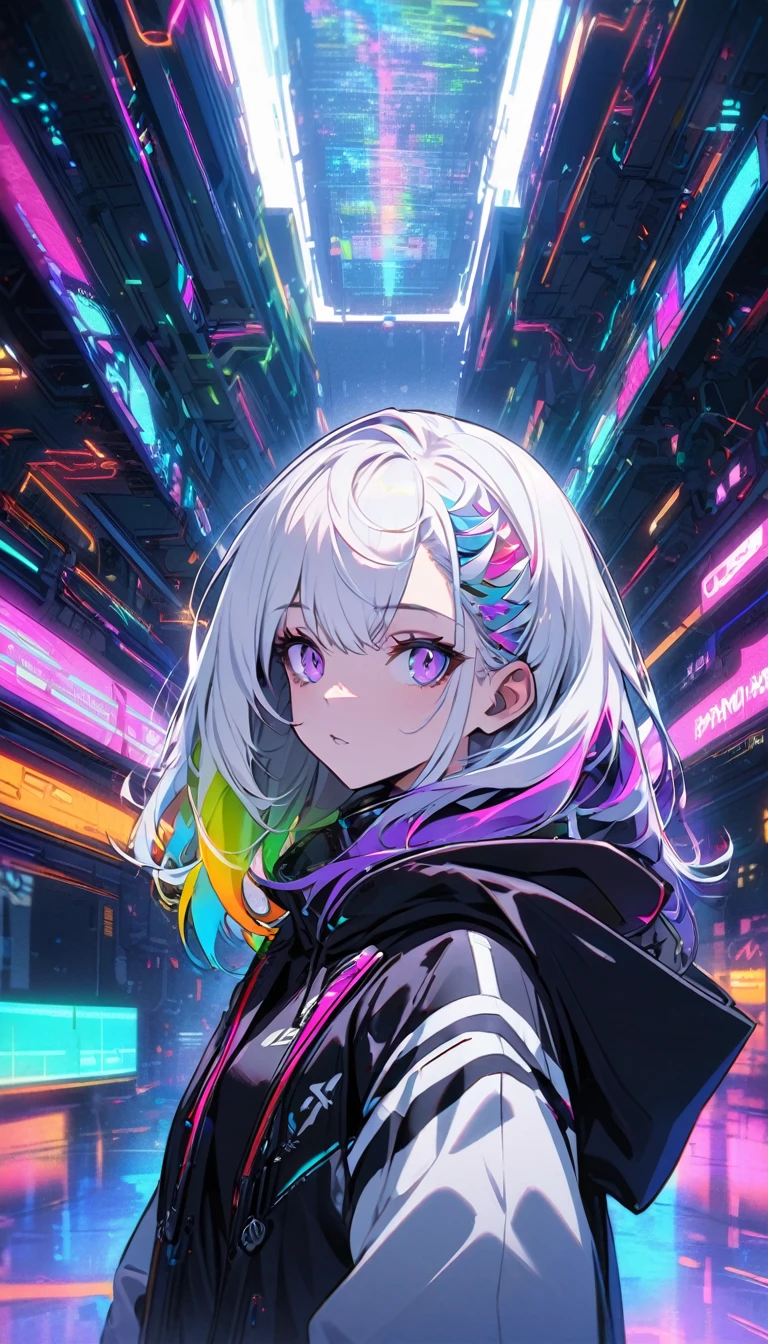 Handsome, Solitary, 1 female, Medium Length Hair, white hair, Rainbow hair, Purple Eyes, Black and white hood, Futuristic, Cyberpunk, Cybernetics,panoramic