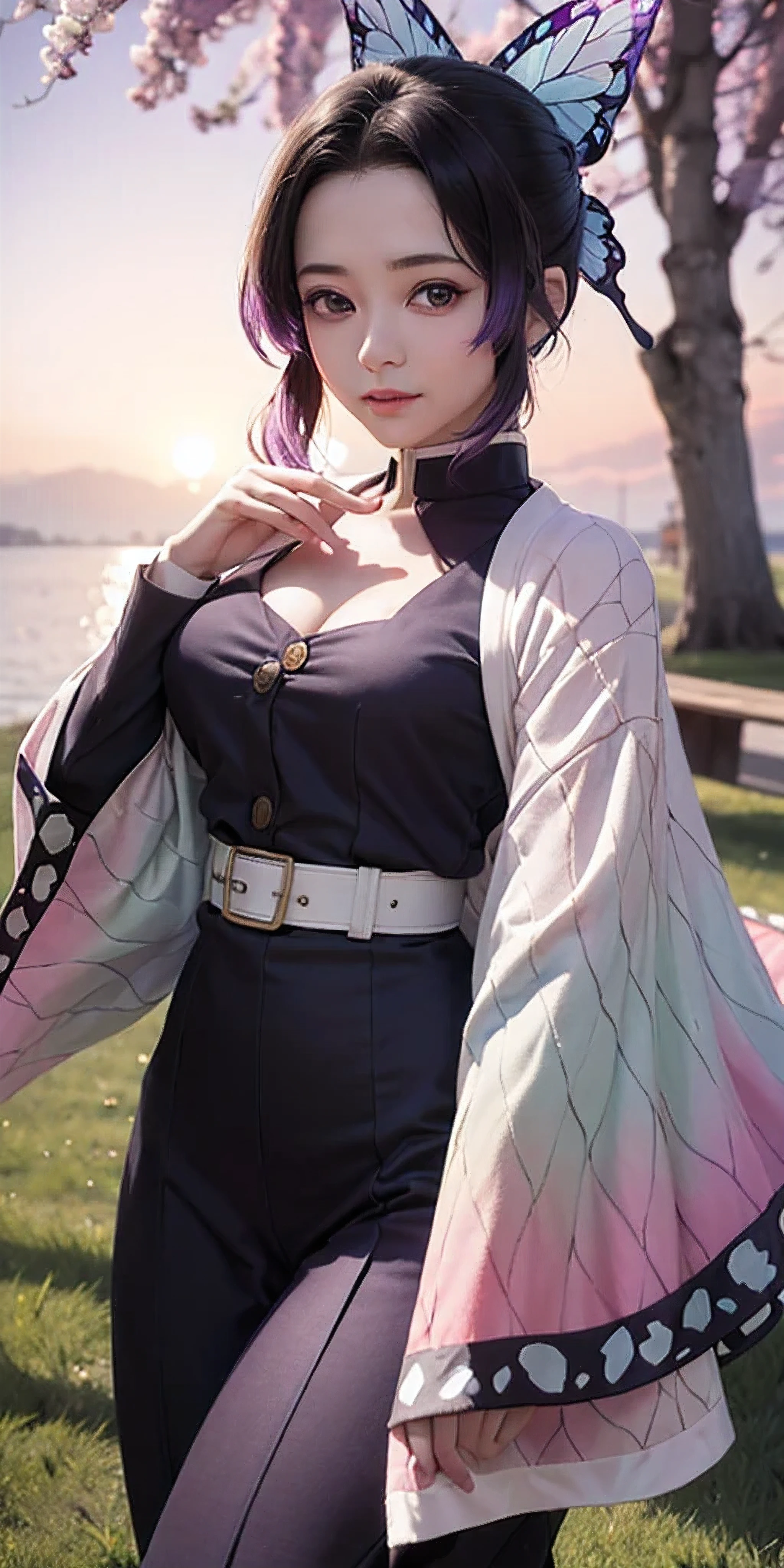 Ultra-realistic 8K computer graphics,chedevr,((Ultra detailed backgrounds,delicate patterns,complex parts)),Best quality at its best,angry face,very detailed eyes и лица,very detailed eyes,Kochou shinobi,multicolored hair,without bangs,hair fences,Purple eye,Forehead,oiran suit,haori,butterflies,button,(tropical garden:1.2),purple flower,battle damage,mostly cloudy sky,Sun rays,Tyndall effect,gradient_sky,rainy day, face,rainy sky,Saber at the waist,charming pose,big breasts,split,Off-the-shoulder clothing