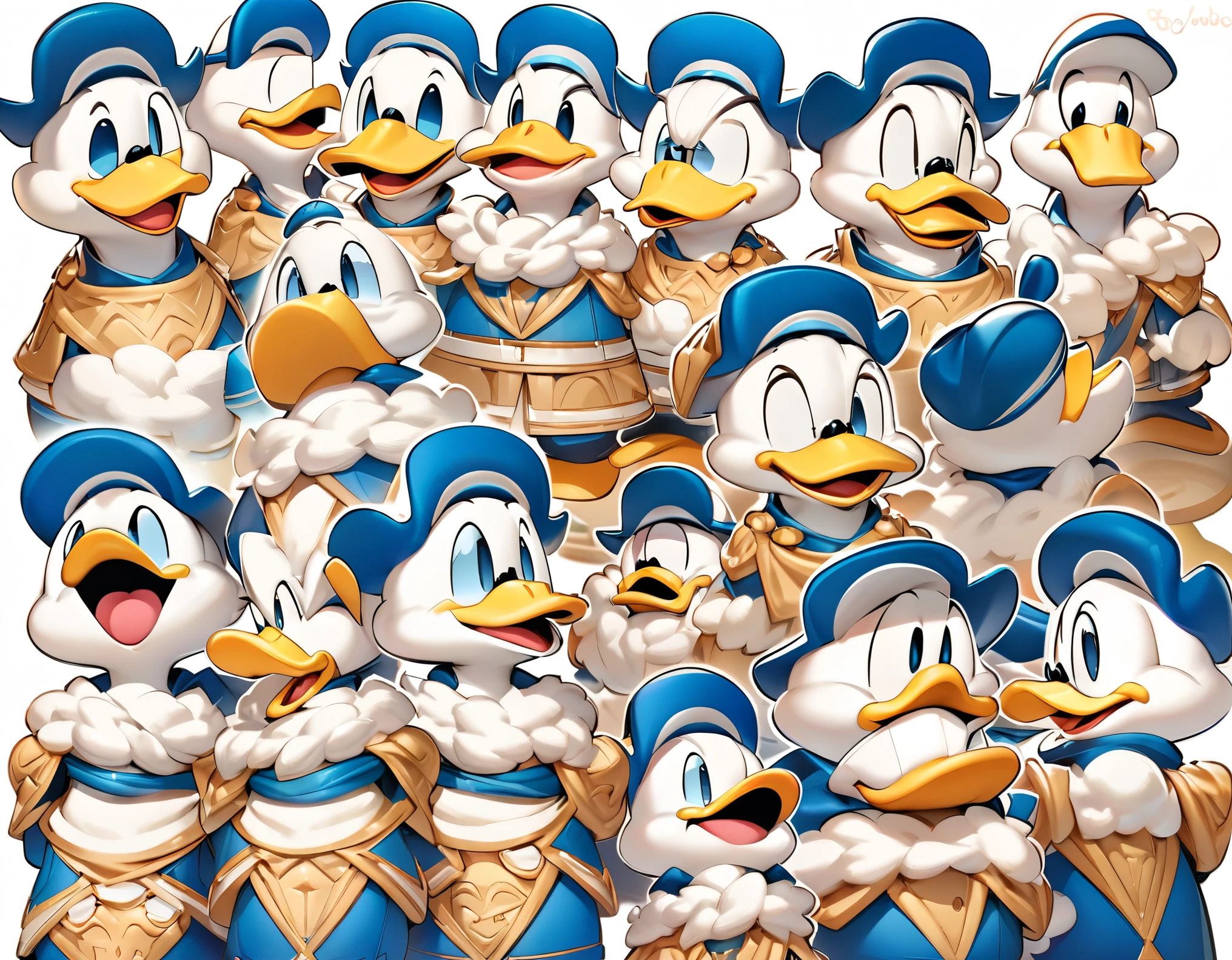 best quality, masterpiece, Donald Duck family parade, various expressions, joy, anger, sadness, happiness, cute, super deformed, funny, furry, fluffy