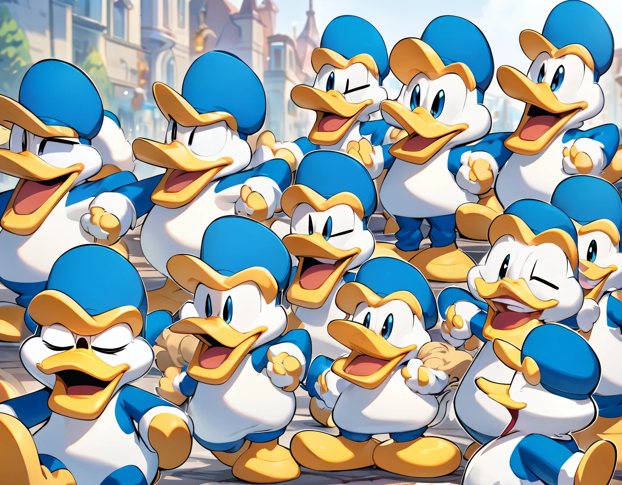 best quality, masterpiece, Donald Duck family parade, various expressions, joy, anger, sadness, happiness, cute, super deformed, funny, furry, fluffy