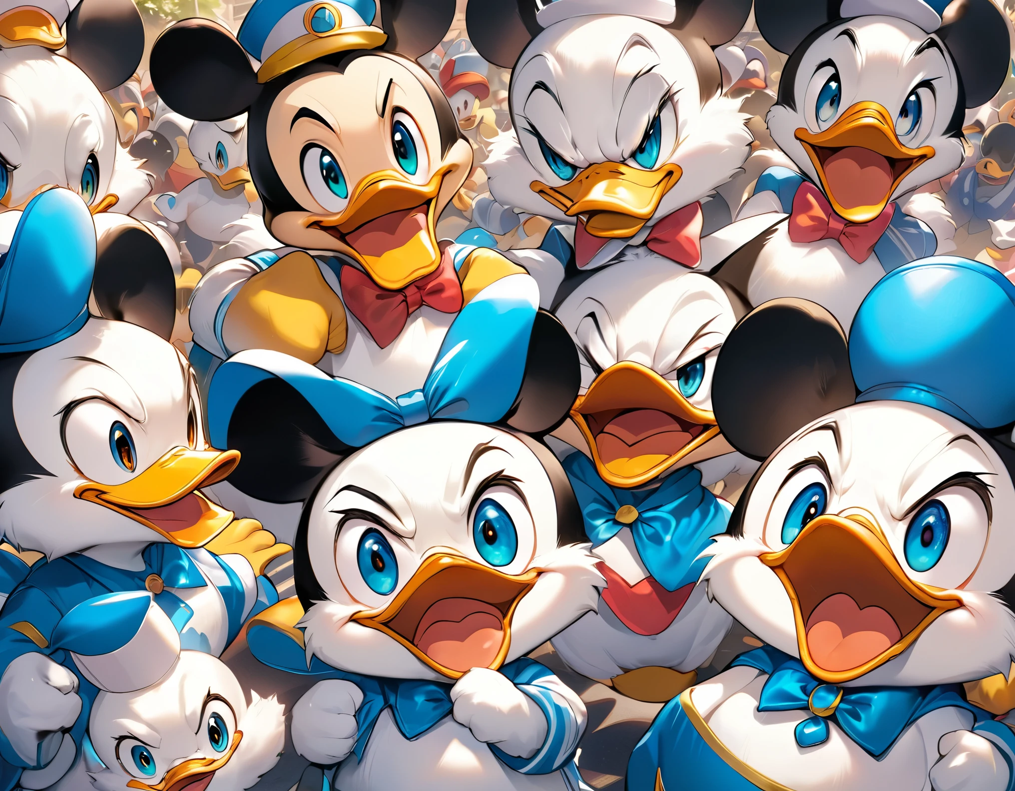 best quality, masterpiece, Donald Duck family parade, various expressions, joy, anger, sadness, happiness, cute, super deformed, funny, furry, fluffy
