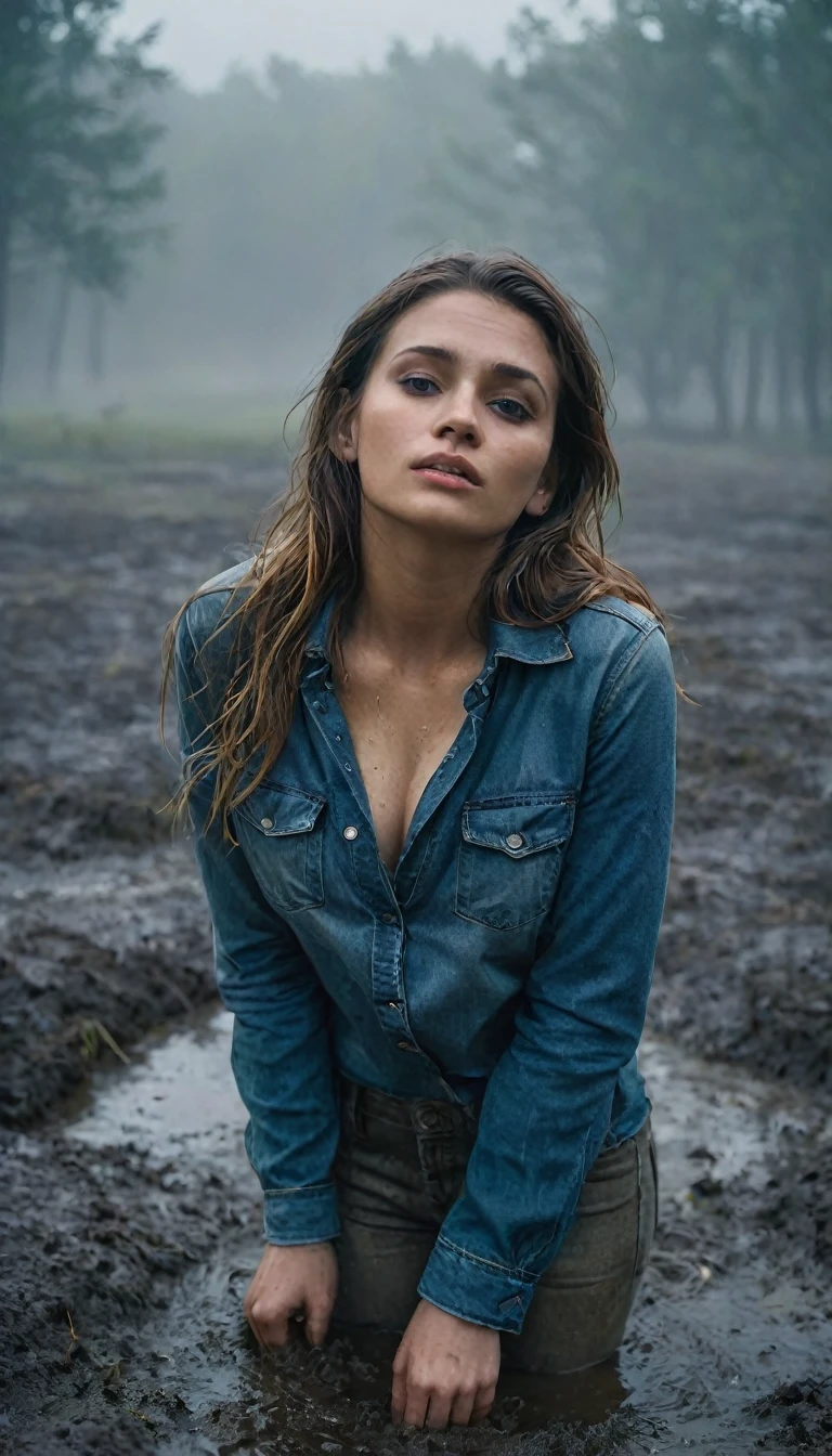 (best quality,ultra-detailed,realistic,photorealistic,portrait,masterpiece,bokeh:1.2),poor woman,exploring sexual taboo,jeans,bright muddy blouse,drowning in a bog,fetishistic session,unusual,atmospheric,moody,dark,earthy tones,soft lighting,gritty,raw,emotionally charged,foggy atmosphere,golden hour