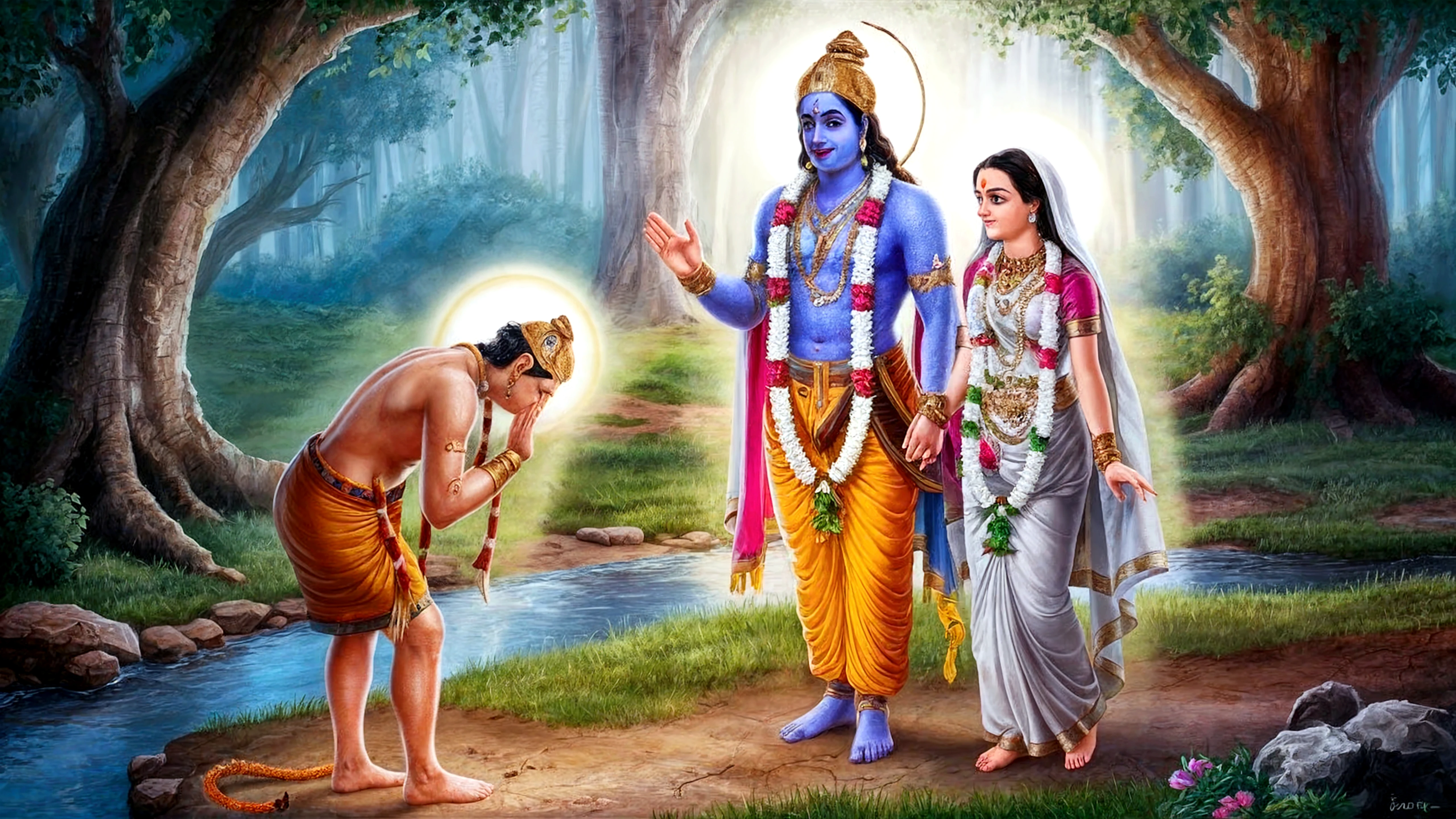 Lard Krishna explain Geetha to a girl 1 wearing t shirt and she is name Revathi clearly visible on the t shirt sitting in front of Lard Sri Krishna 