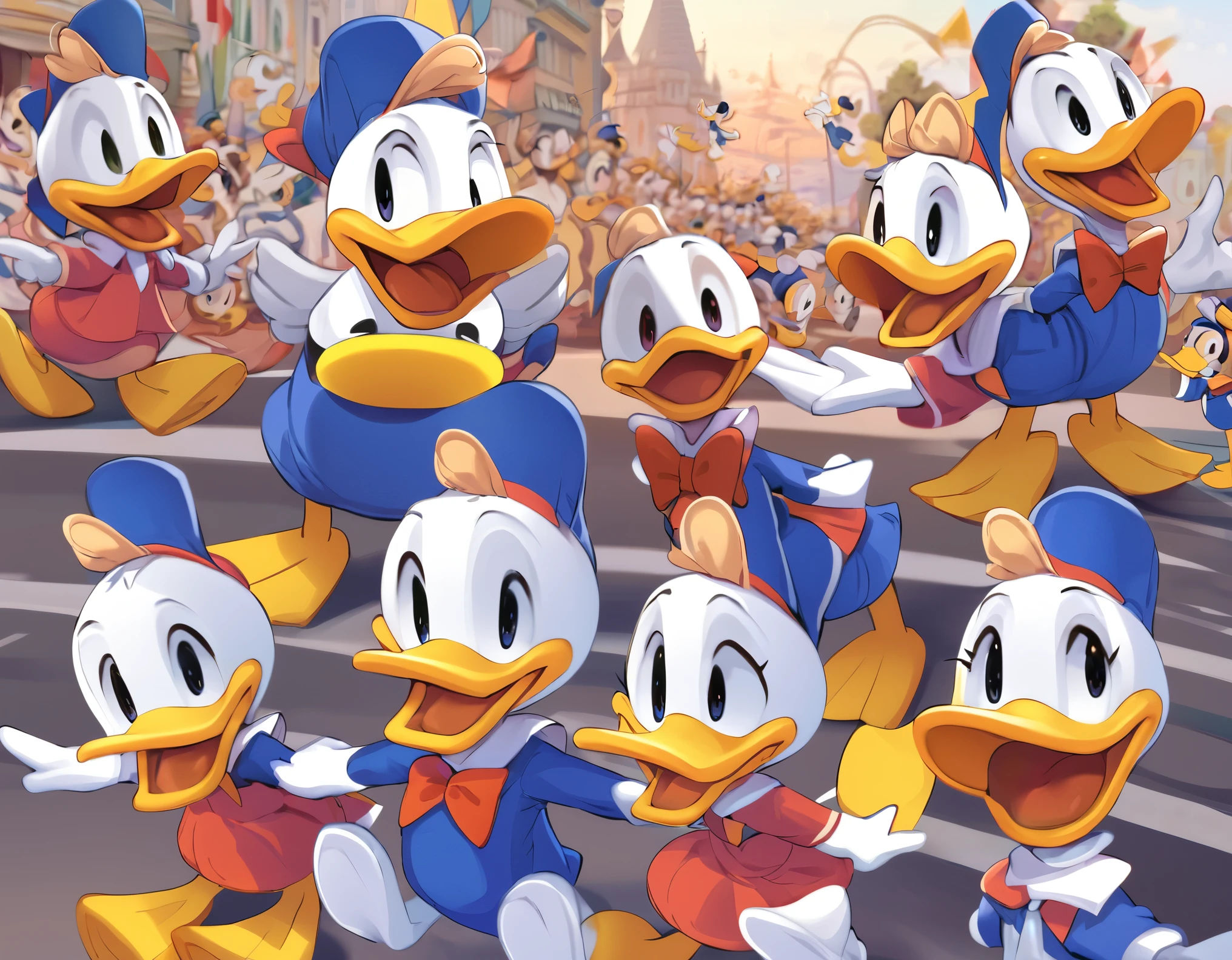 best quality, masterpiece, Donald Duck family parade, various expressions, cute, super deformed, funny, furry, fluffy