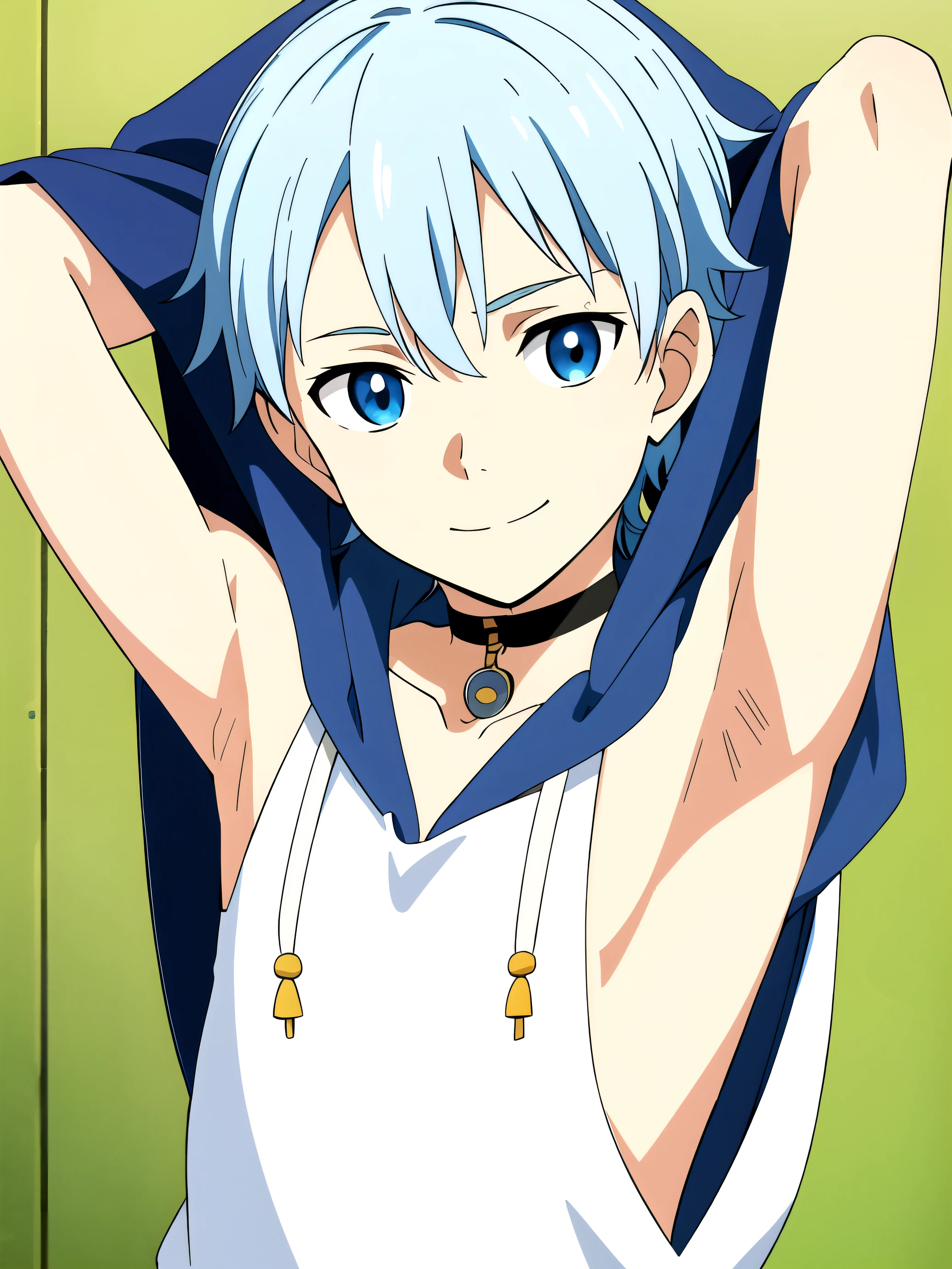 Highres, Masterpiece, Best quality at best,Best Quality,hight quality, hight detailed, 1boy, Shota, Solo, e boy, White hair, Blue eye, Torso, Sleeveless hoodie, Smile, Choker (Very young boy), (Very small and short body), 12-ar-boys,howing armpit:1.3), Simple beckground