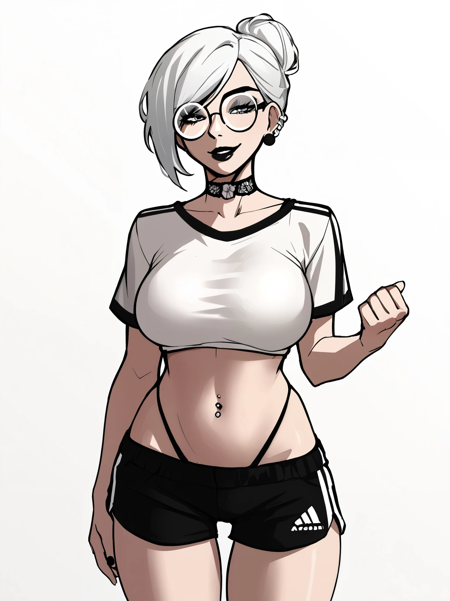 score_9, score_8_up, score_7_up, score_6_up, score_5_up, score_4_up,
BREAK
1girl, white hair, bun hair, tomboy, grey eyes, thick lips, light smile, long eyelashes, half-closed eyes, black-framed eyewear, round eyewear, black choker, swept bangs, adult, mature, black eyeliner, ear piercing, black lips, grey eyeshadow, looking at viewer,
BREAK
solo, standing, large breasts, adult, skinny, wedgie, highleg, arched back, thigh gap, white crop to, black sport shorts, white stripes, patterned clothing, adidas, black thong, floral print choker, goth,
BREAK
(white background:1.2), simple background, dynamic pose, dynamic angle, angled shot, 